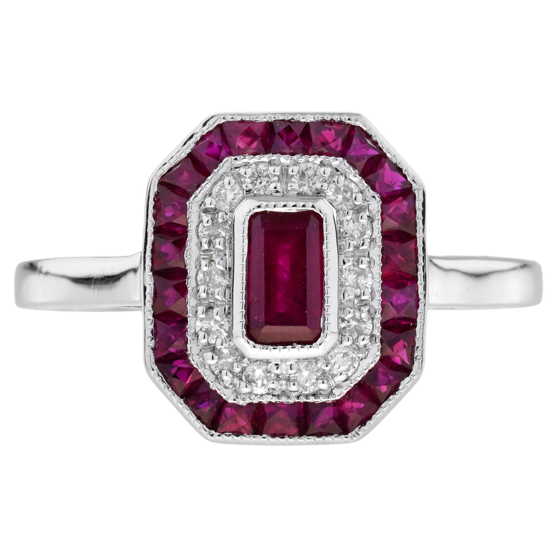 Ruby and Diamond Art Deco Style Engagement Ring in 14K White Gold For Sale