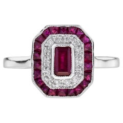 Ruby and Diamond Art Deco Style Engagement Ring in 14K White Gold