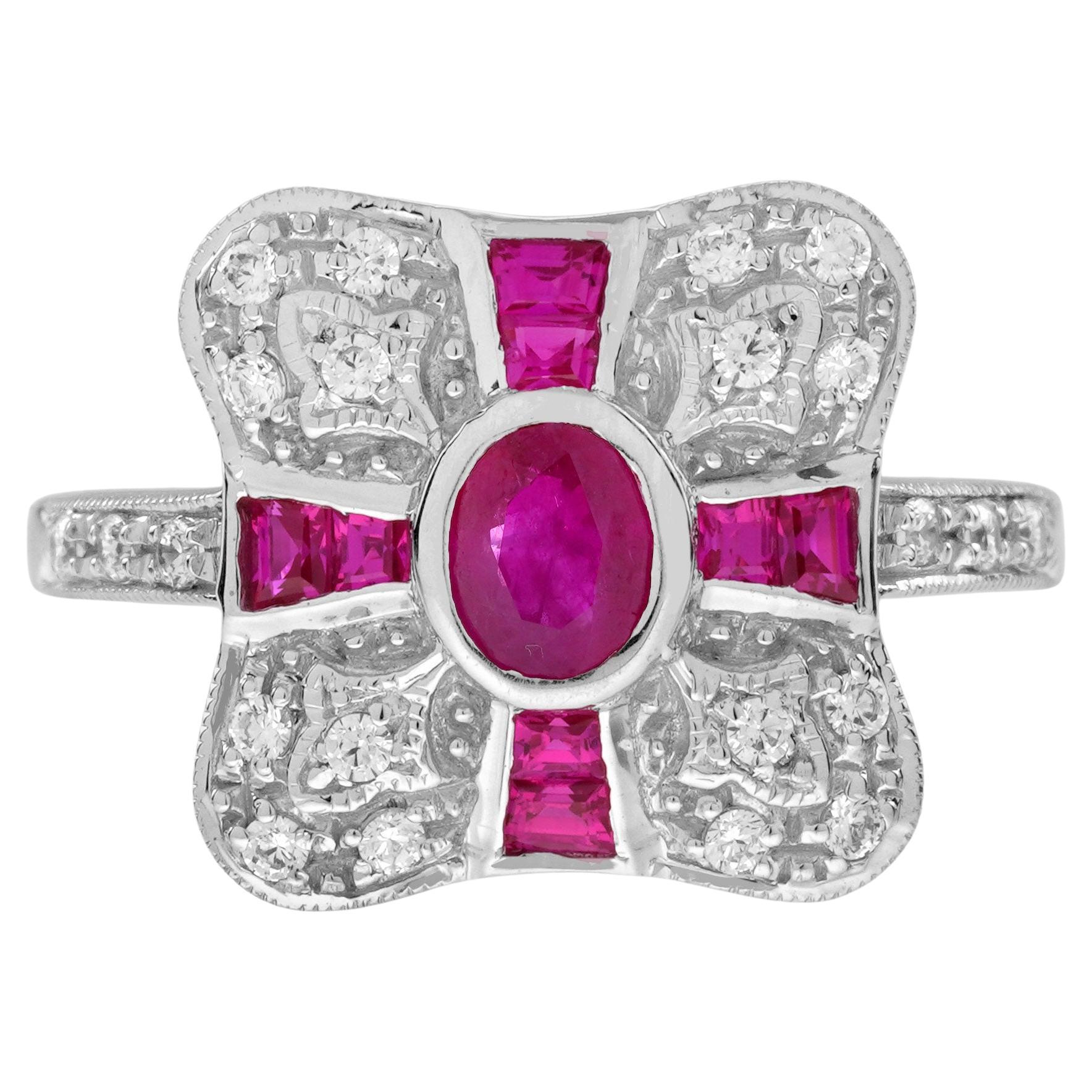 Anillo de compromiso de rubíes y diamantes estilo Art Déco en oro blanco de 14 quilates en venta