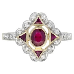 Art Deco Style 14K Yellow Gold Ruby and Diamond Engagement Ring, 0.66 Carat