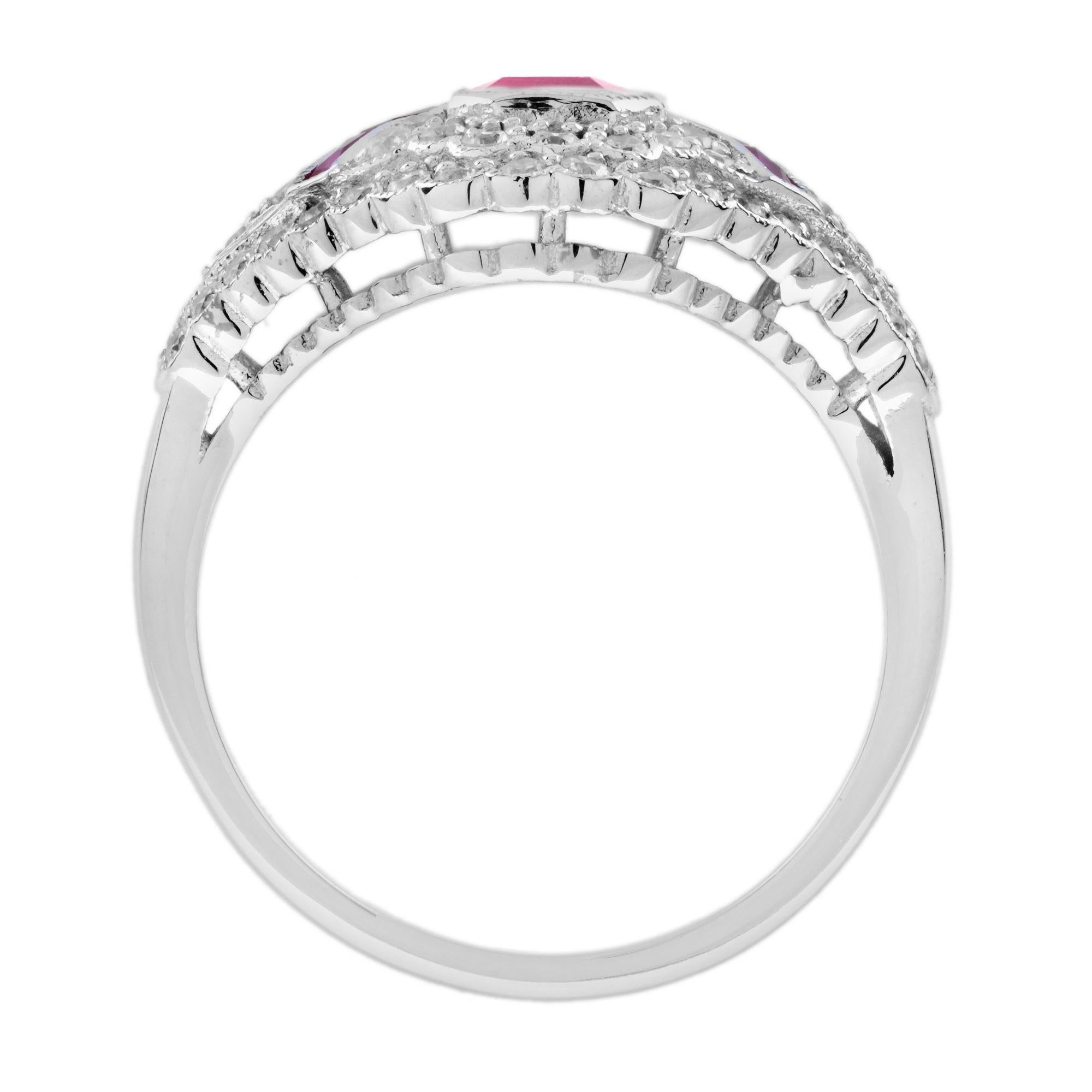 Ruby and Diamond Art Deco Style Engagement Ring in 18K White Gold For Sale 1