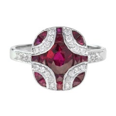 Ruby and Diamond Art Deco Style Engagement Ring in 18K White Gold