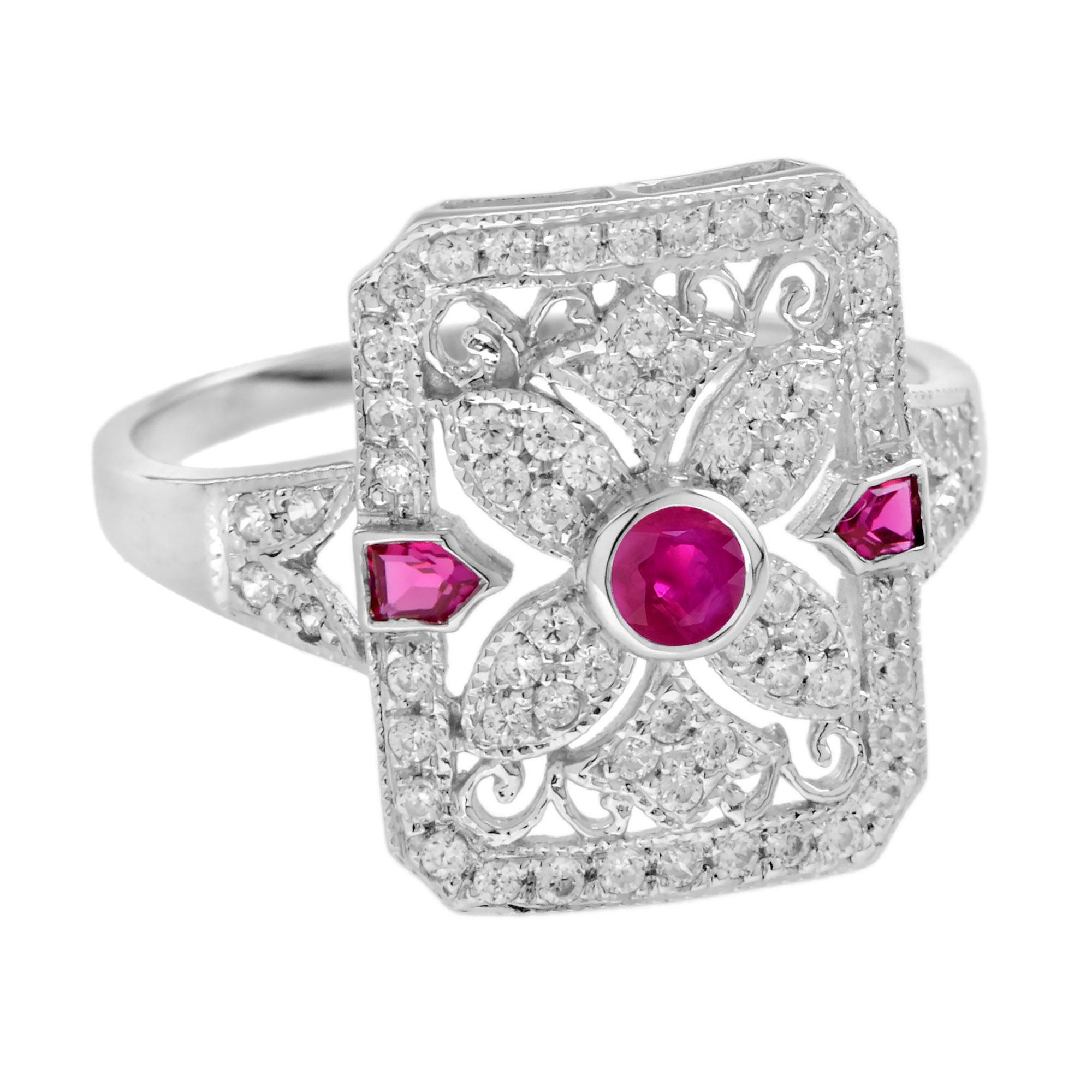 Round Cut Ruby and Diamond Art Deco Style Filigree Ring in 14K White Gold For Sale
