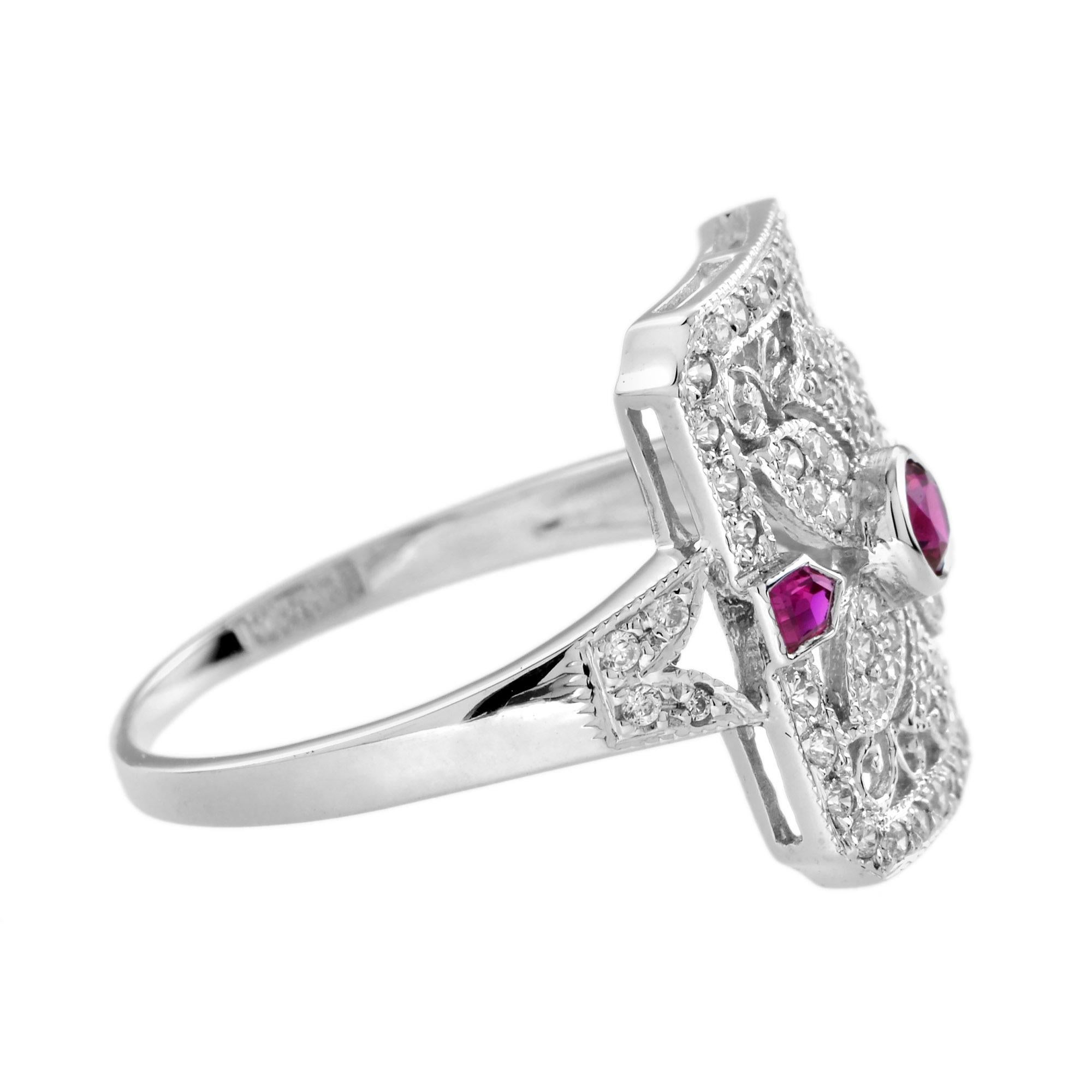 Ruby and Diamond Art Deco Style Filigree Ring in 14K White Gold In New Condition For Sale In Bangkok, TH