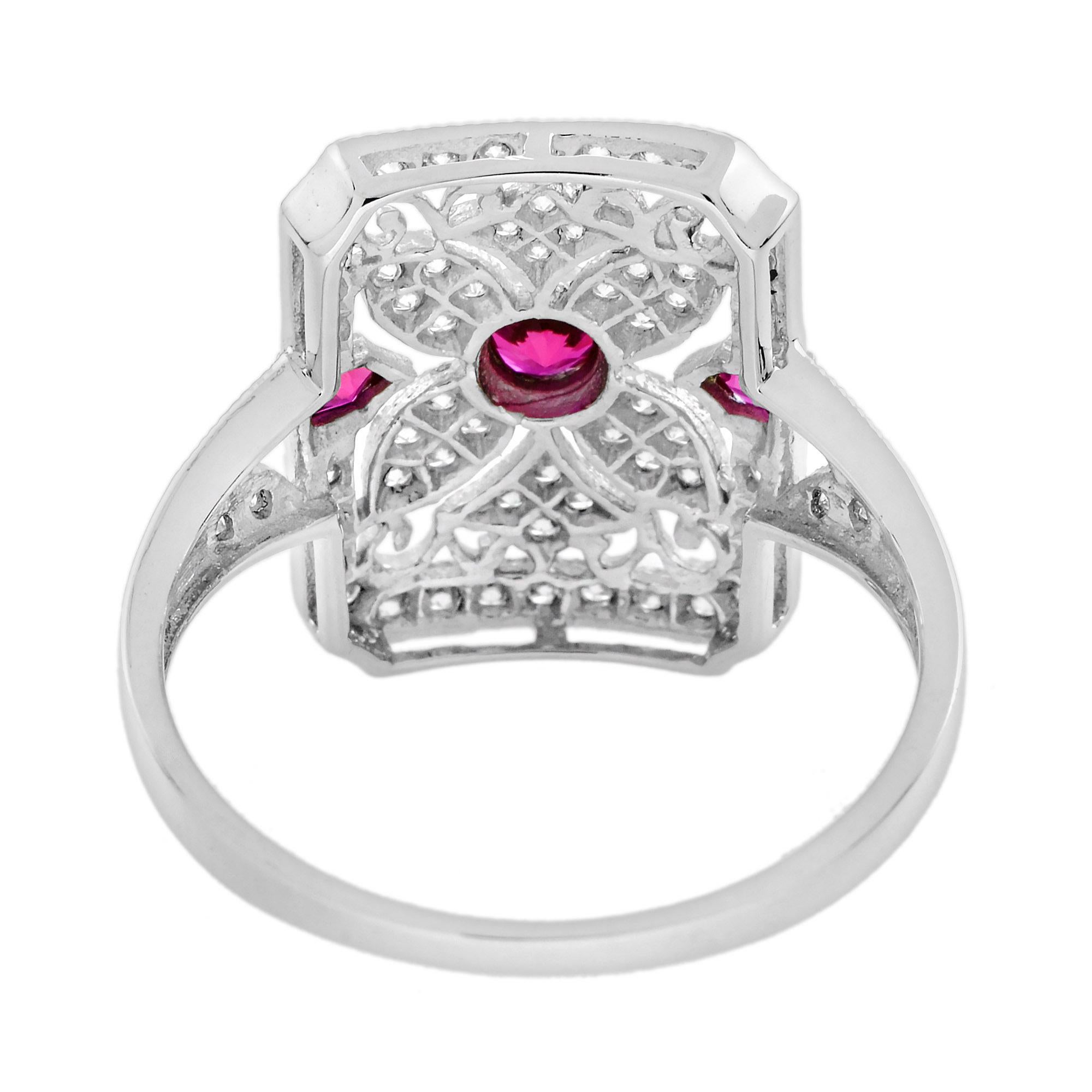 Women's Ruby and Diamond Art Deco Style Filigree Ring in 14K White Gold For Sale