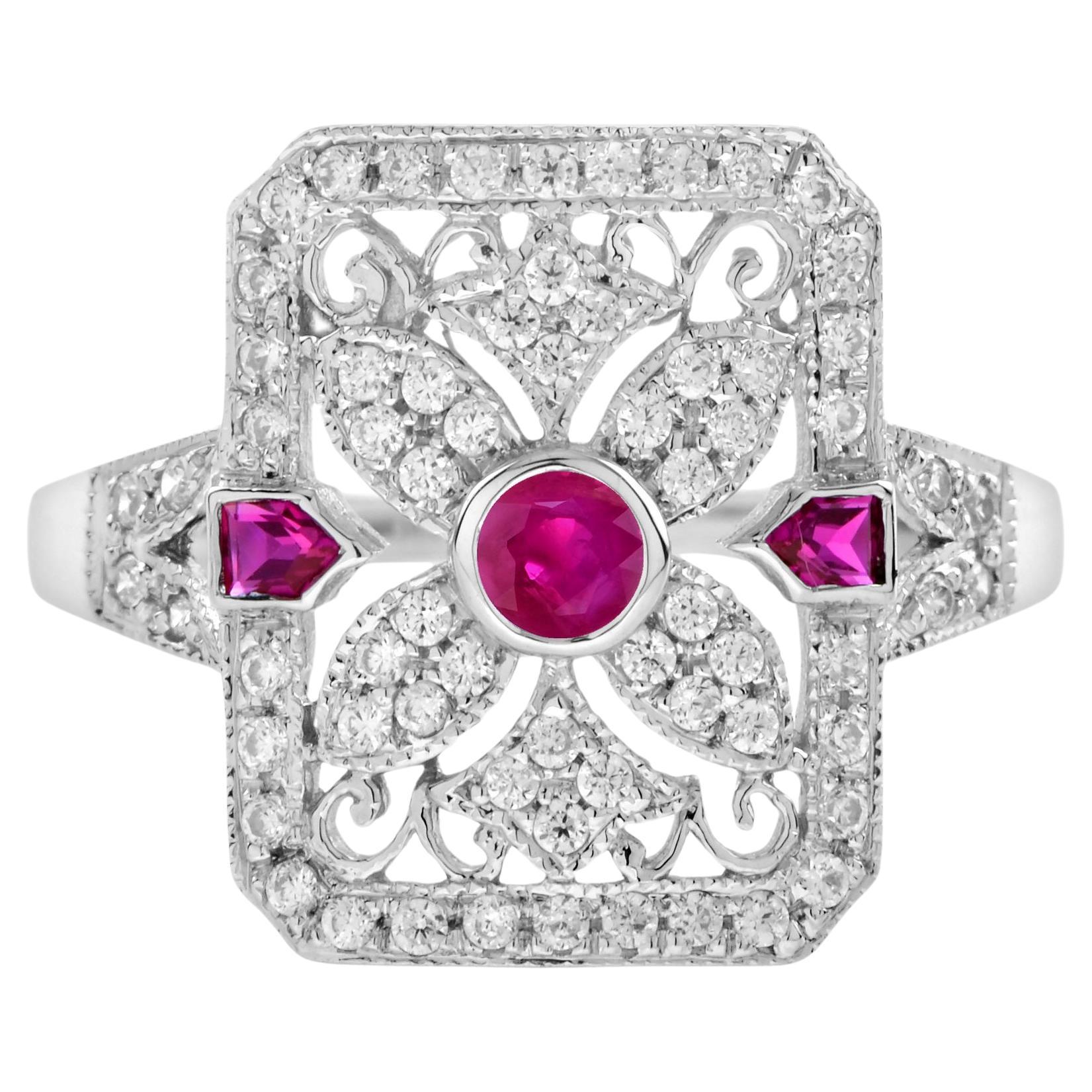 Ruby and Diamond Art Deco Style Filigree Ring in 14K White Gold