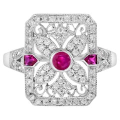 Ruby and Diamond Art Deco Style Filigree Ring in 14K White Gold