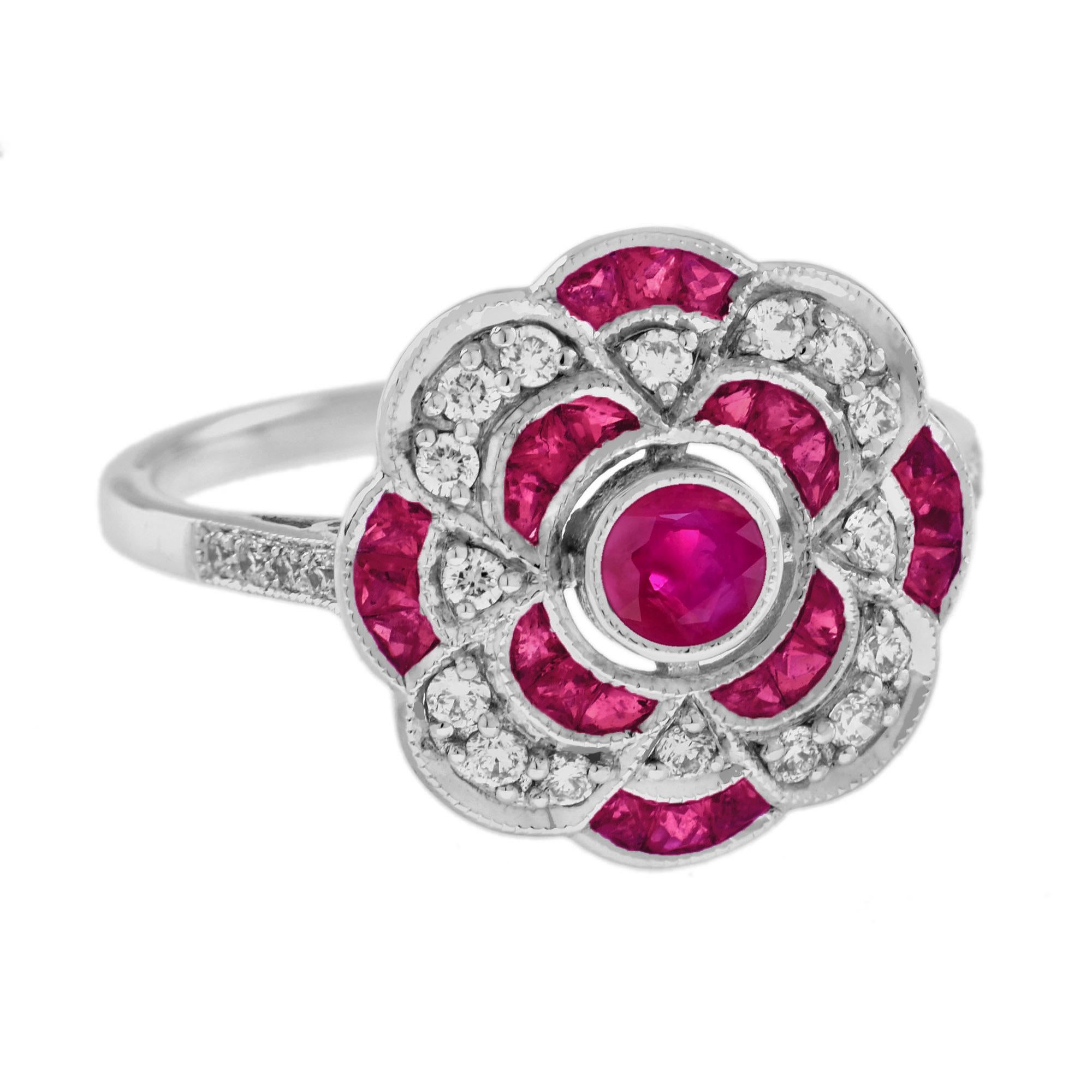 Blumen-Cluster-Ring aus 14 Karat Weißgold mit Rubin und Diamant im Art-déco-Stil (Art déco) im Angebot