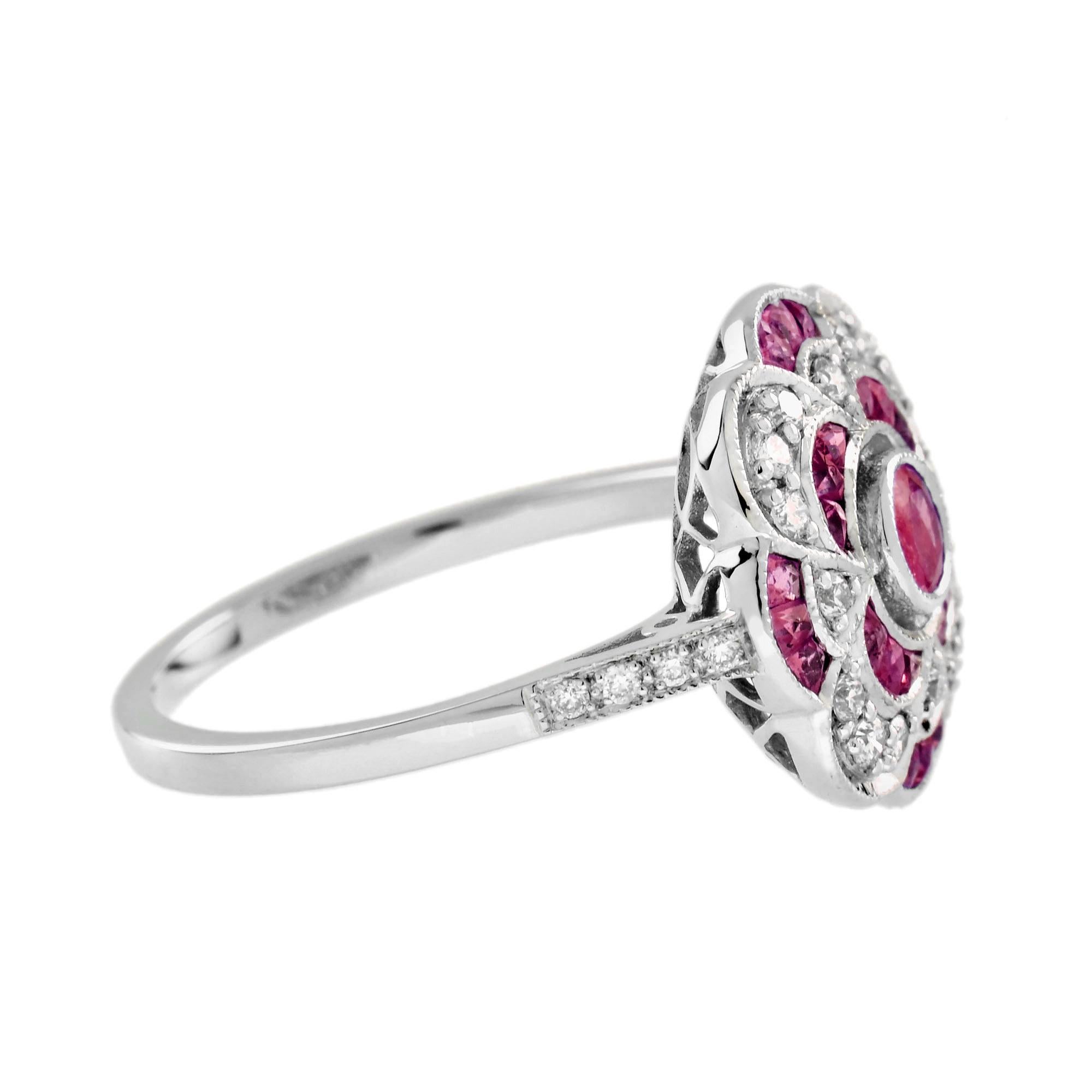 Blumen-Cluster-Ring aus 14 Karat Weißgold mit Rubin und Diamant im Art-déco-Stil (Rundschliff) im Angebot