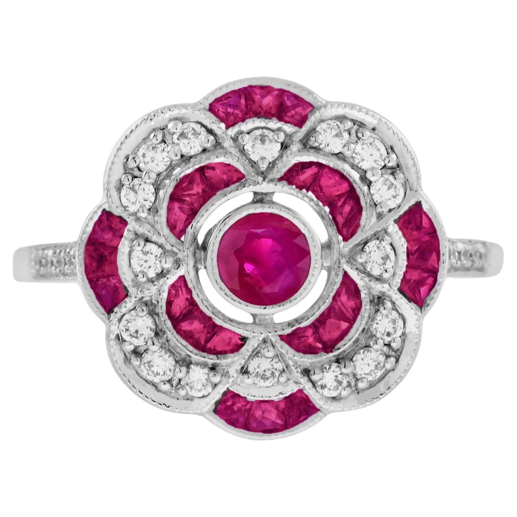 Anillo en racimo floral estilo Art Decó de oro blanco de 14 quilates con rubíes y diamantes