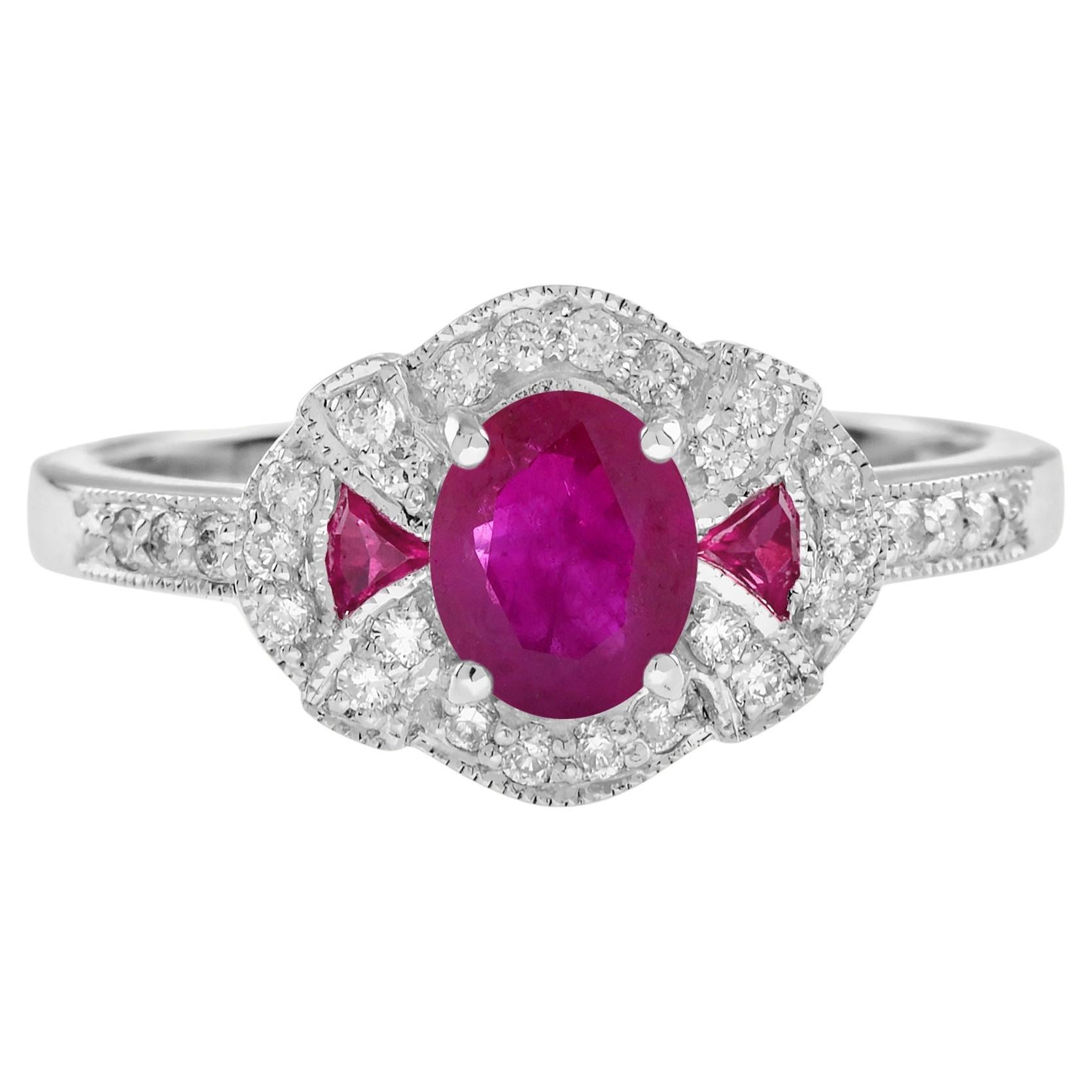 Ruby and Diamond Art Deco Style Floral Ring in 14K White Gold For Sale