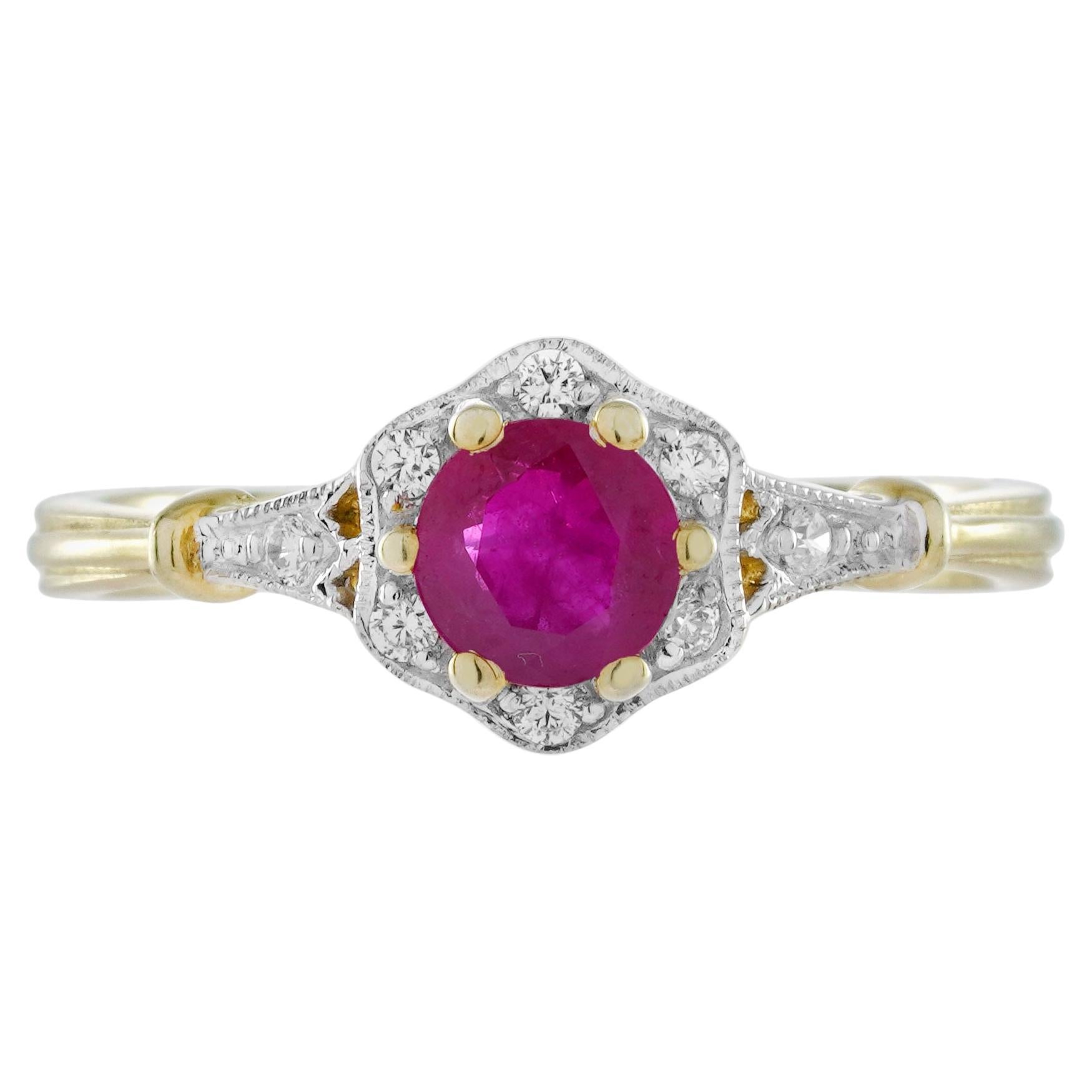 Ruby and Diamond Art Deco Style Floral Ring in 14K Yellow Gold