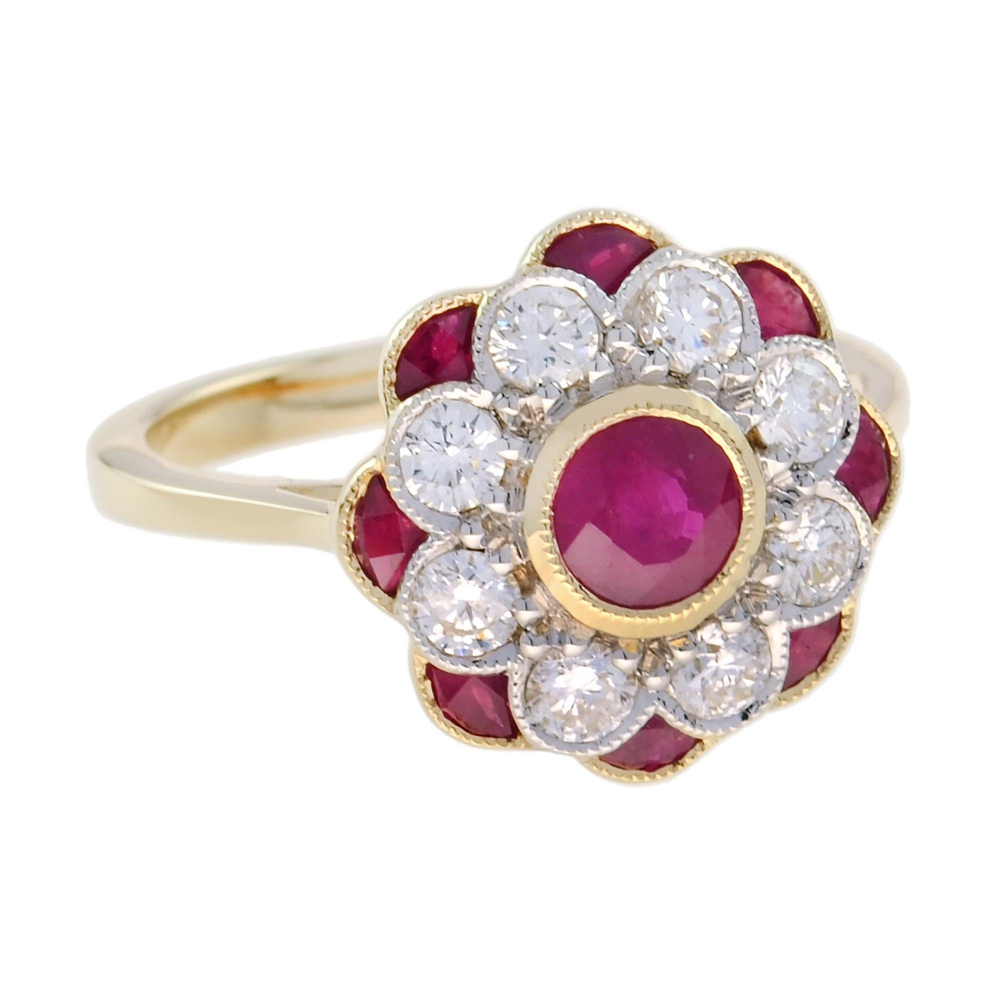 This elegant Art Deco floral ring features a radiant round ruby at the center, symbolizing passion and beauty. Diamond-studded petals form a delicate flower, capturing vintage charm and brilliance. Tiny rubies accent the petals, adding rich color