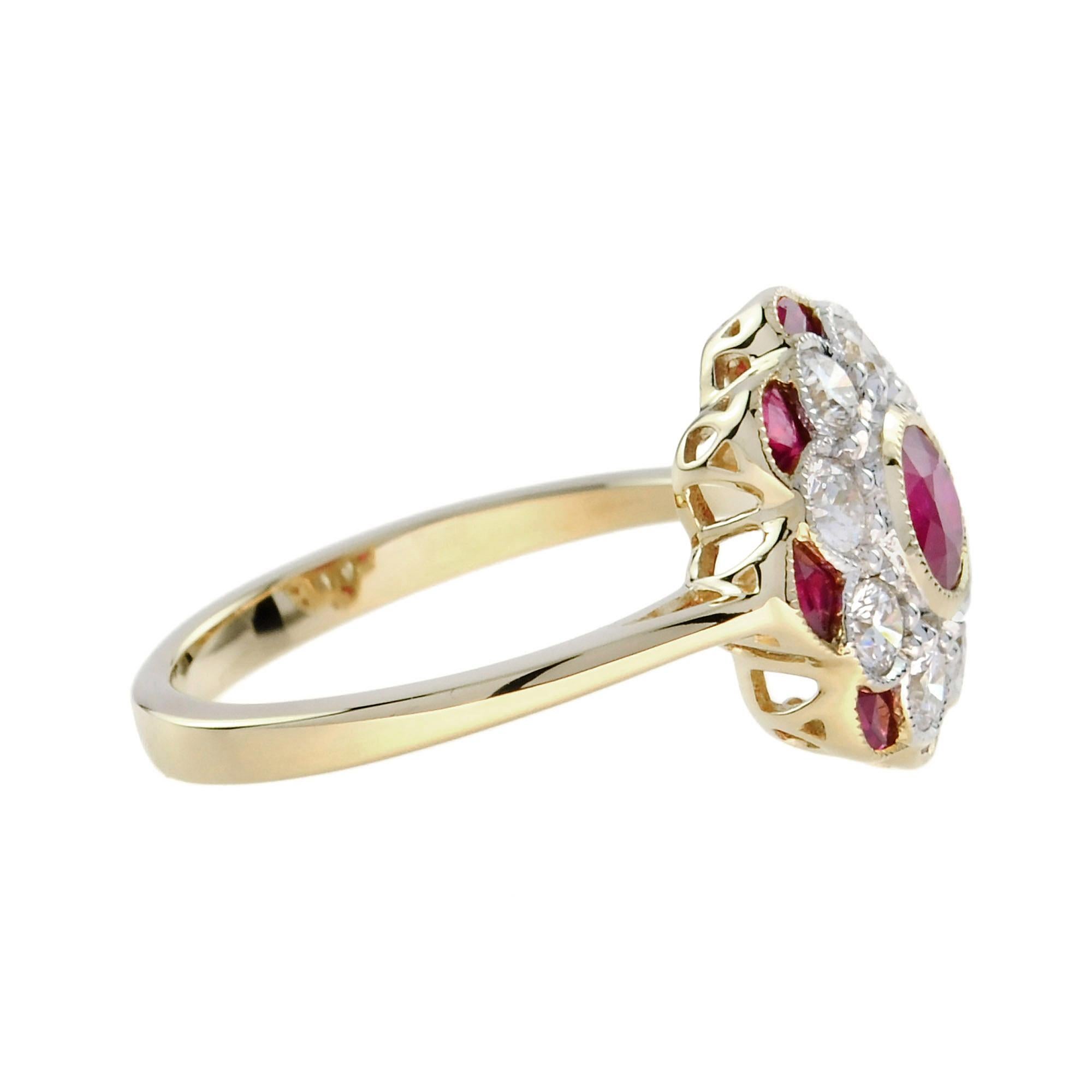 Ruby and Diamond Art Deco Style Floral Ring in 18K Yellow Gold In New Condition In Bangkok, TH