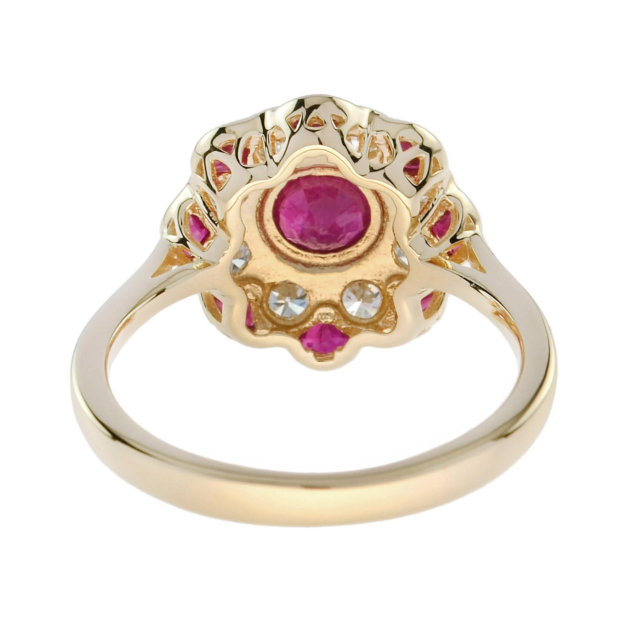 Women's Ruby and Diamond Art Deco Style Floral Ring in 18K Yellow Gold