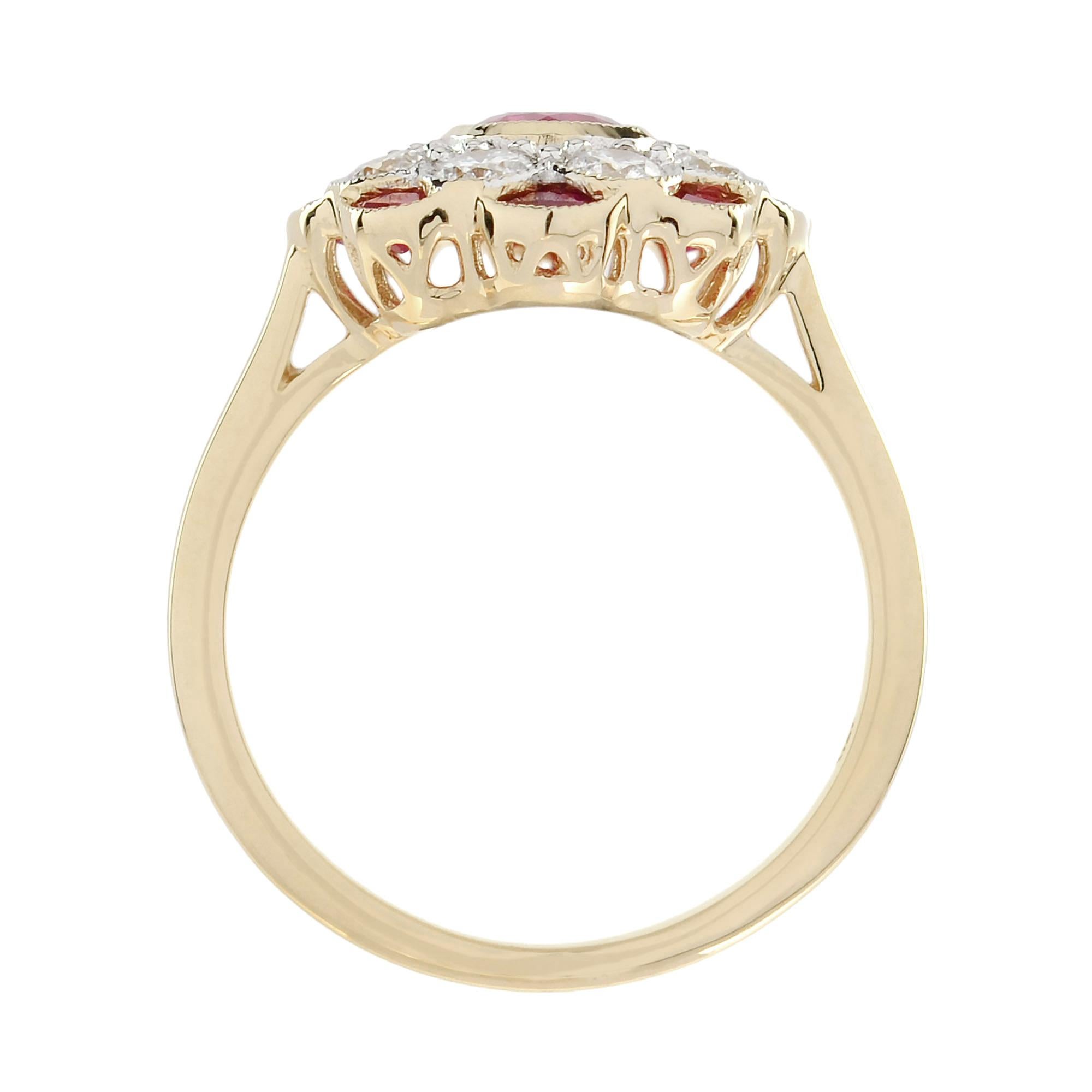 Women's or Men's Ruby and Diamond Art Deco Style Floral Ring in 18K Yellow Gold For Sale
