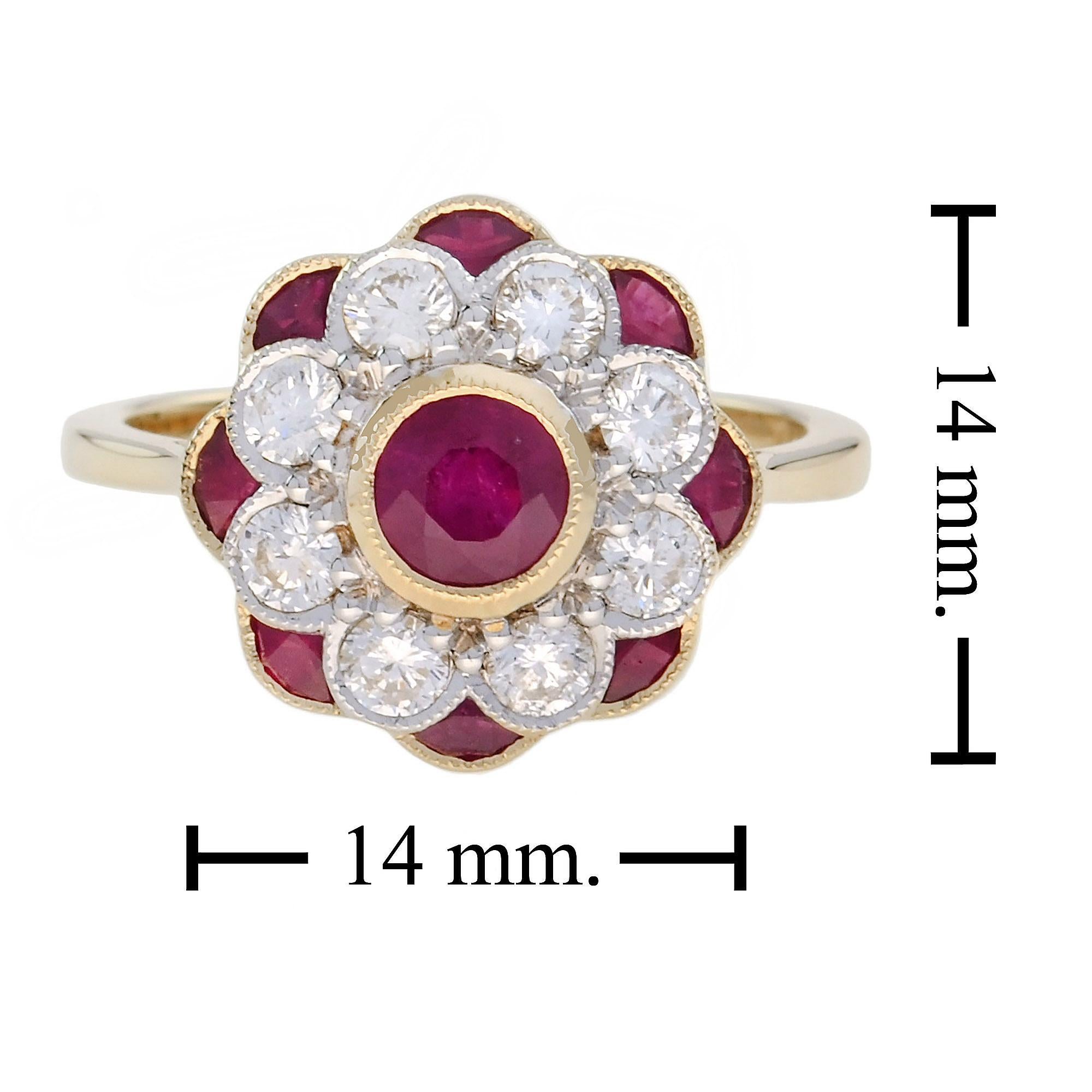 Ruby and Diamond Art Deco Style Floral Ring in 18K Yellow Gold For Sale 1