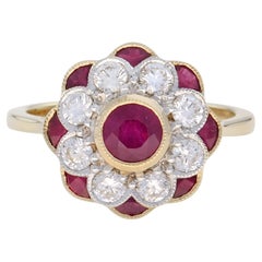Ruby and Diamond Art Deco Style Floral Ring in 18K Yellow Gold