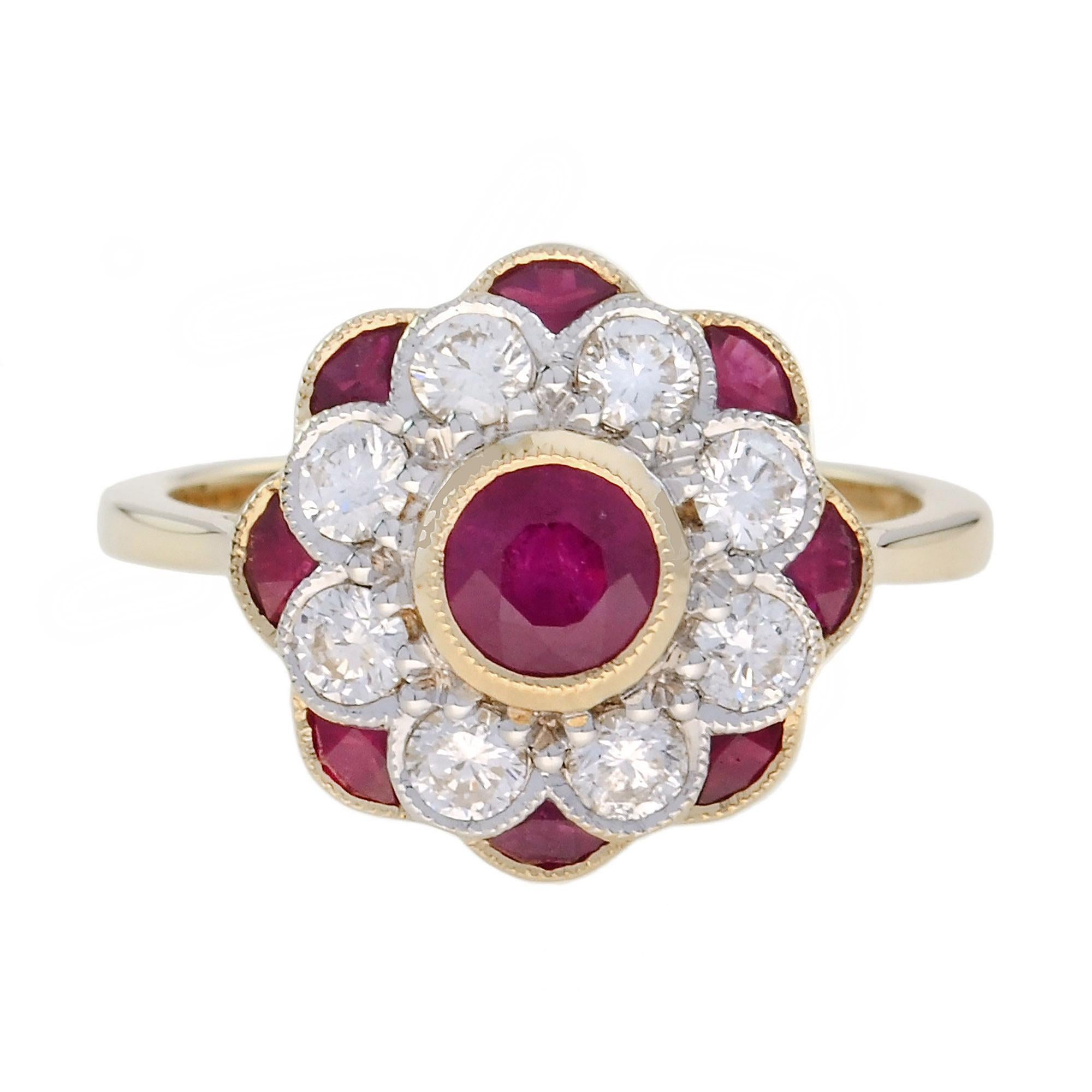 Ruby and Diamond Art Deco Style Floral Ring in 18K Yellow Gold For Sale