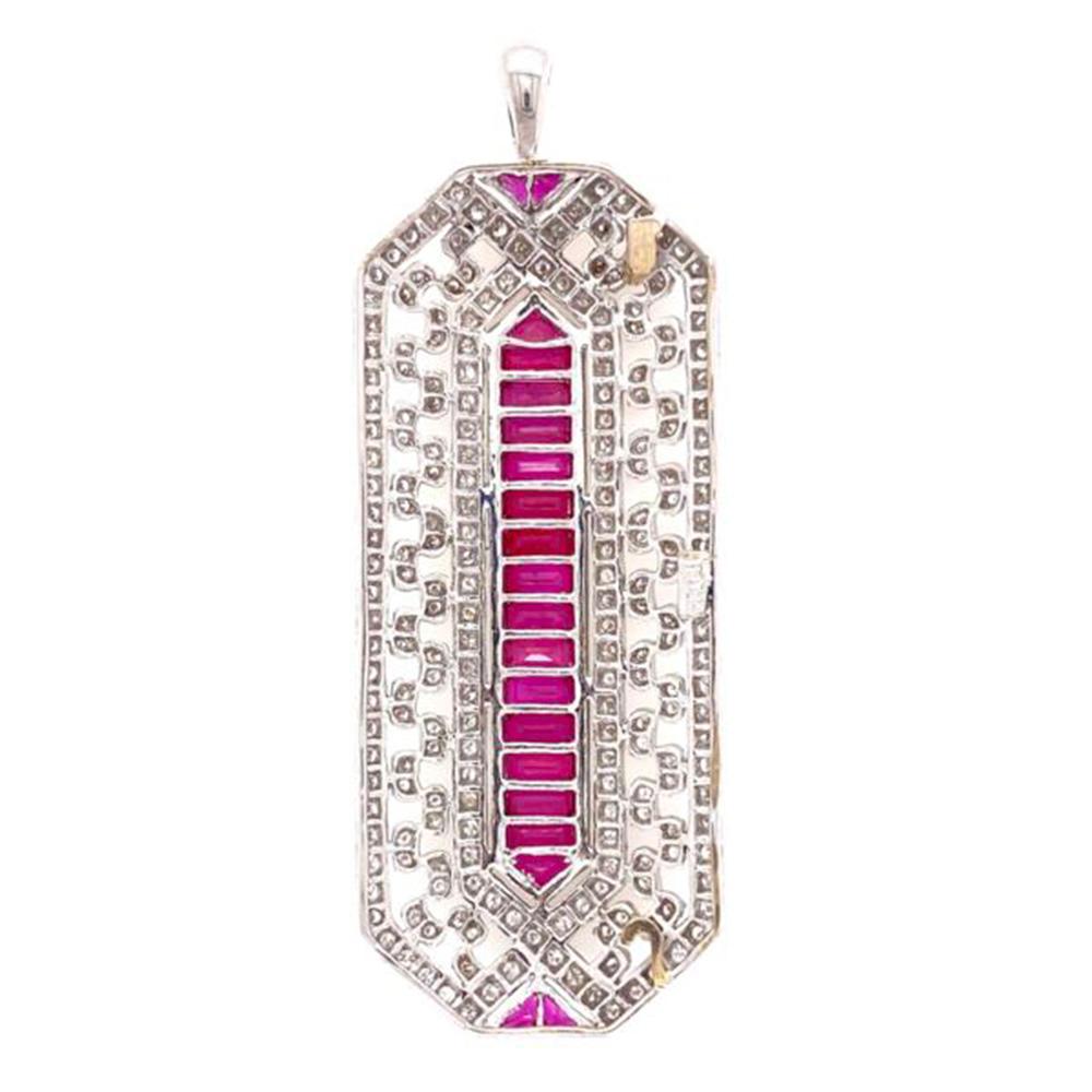 Modernist Ruby and Diamond Art Deco Style Gold Pendant Necklace Estate Fine Jewelry