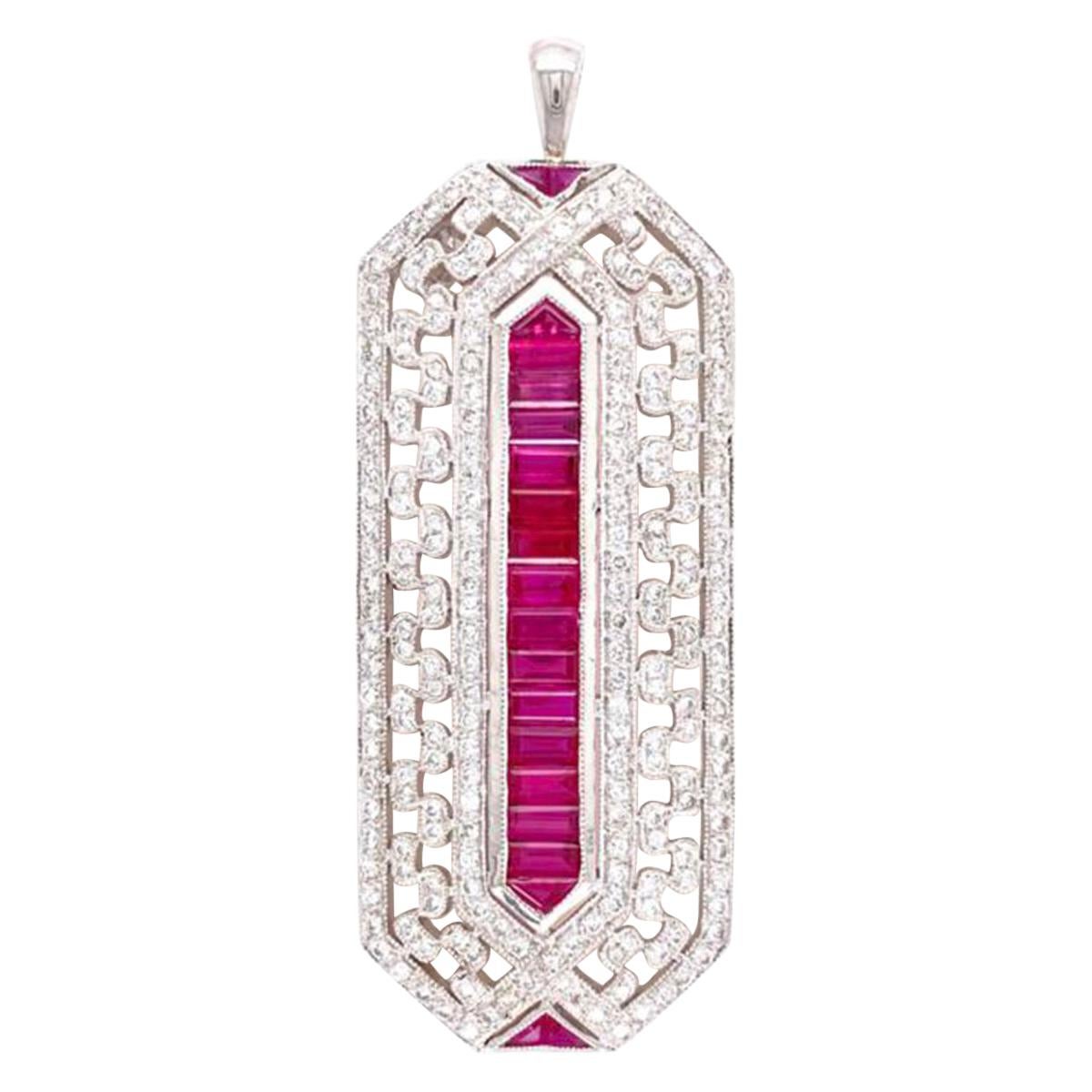 Ruby and Diamond Art Deco Style Gold Pendant Necklace Estate Fine Jewelry