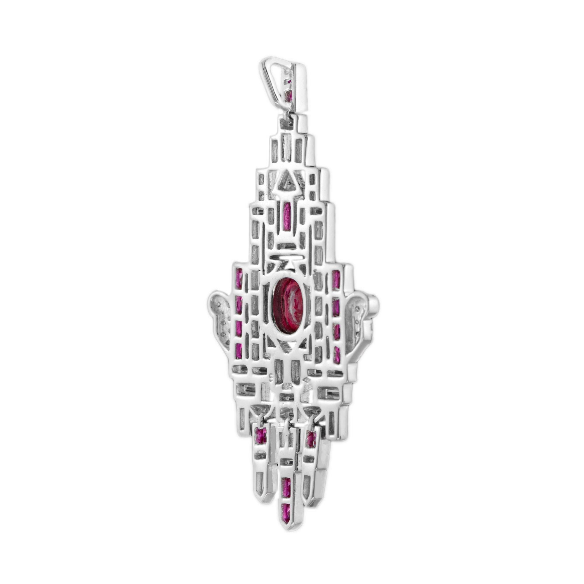 Art déco Motif graphique de style Art Déco en rubis et diamant  Pendentif en or blanc 18K en vente