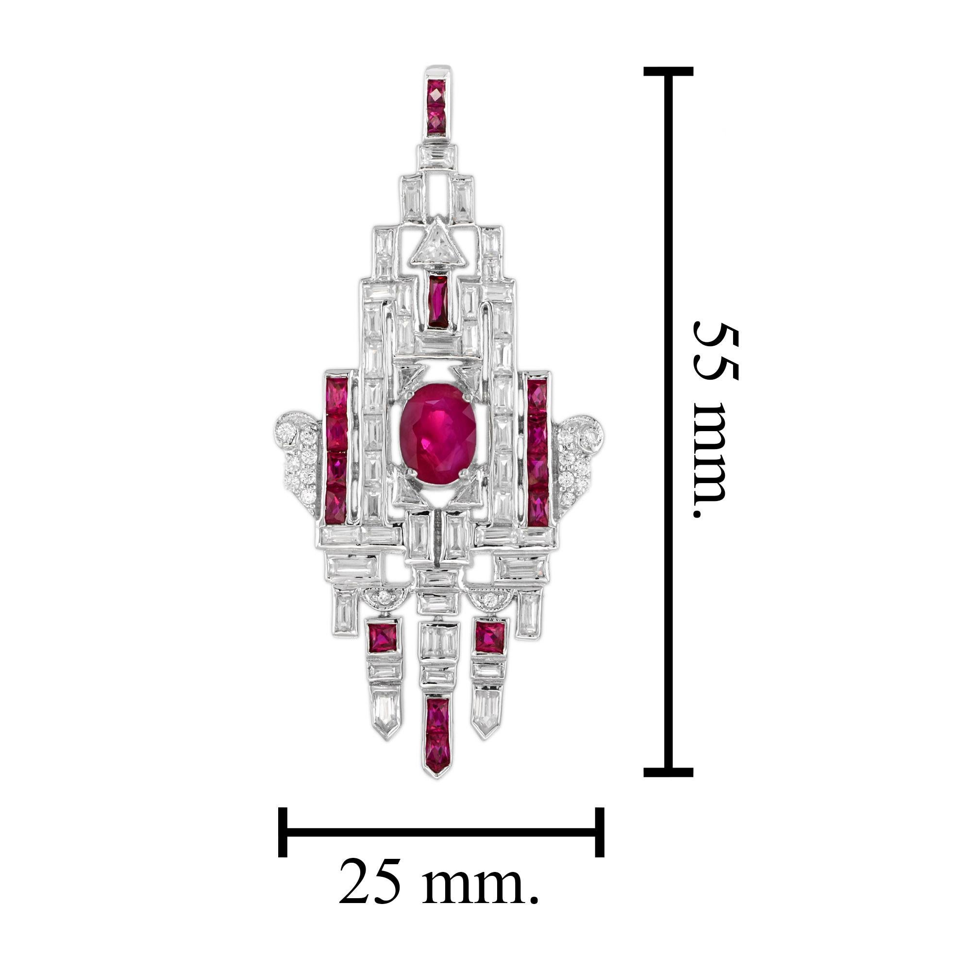 Oval Cut Ruby and Diamond Art Deco Style Graphic Motif  Pendant in 18k White Gold For Sale