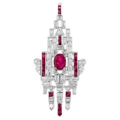 Ruby and Diamond Art Deco Style Graphic Motif  Pendant in 18k White Gold