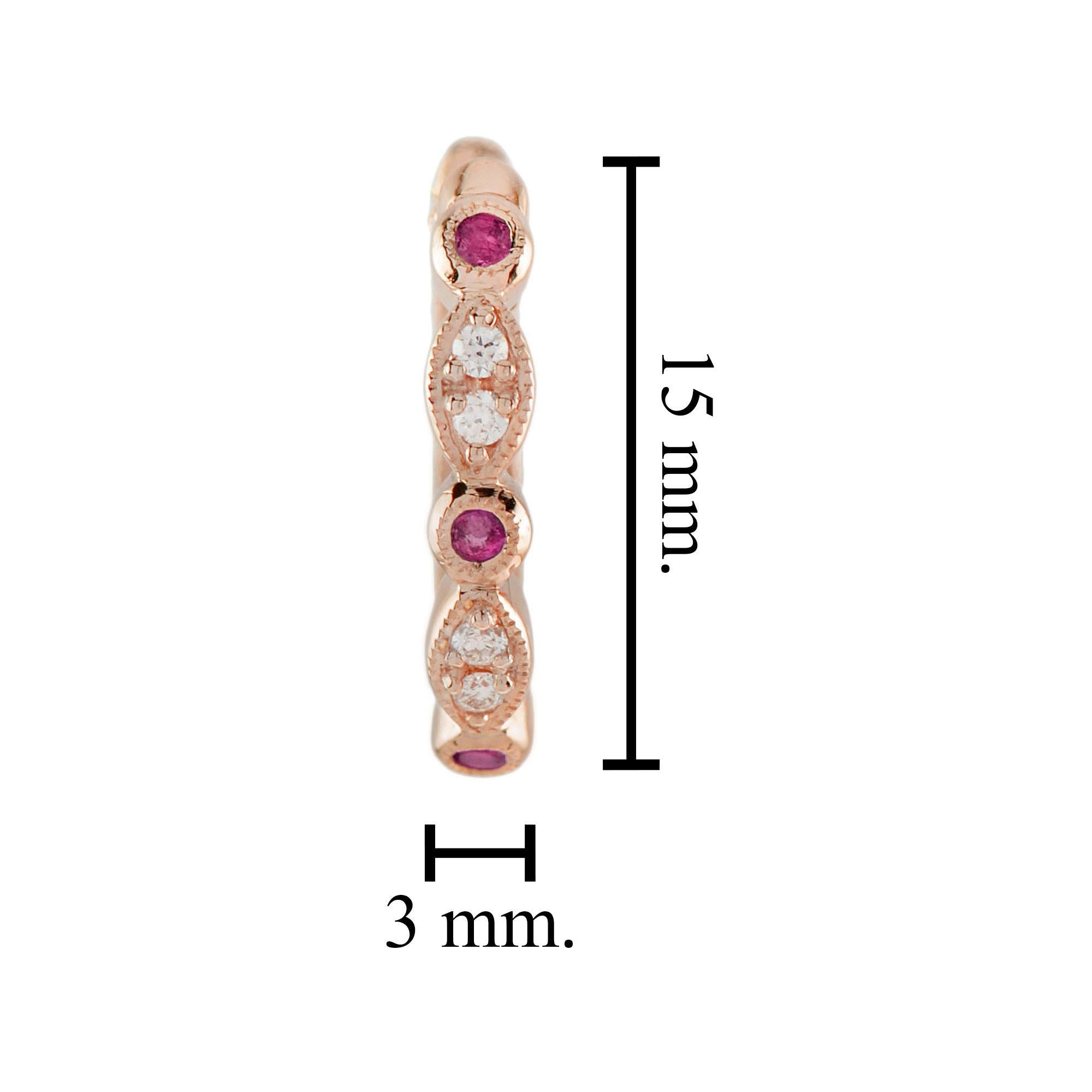 Ruby and Diamond Art Deco Style Huggie Earrings in 14K Rose Gold In New Condition For Sale In Bangkok, TH