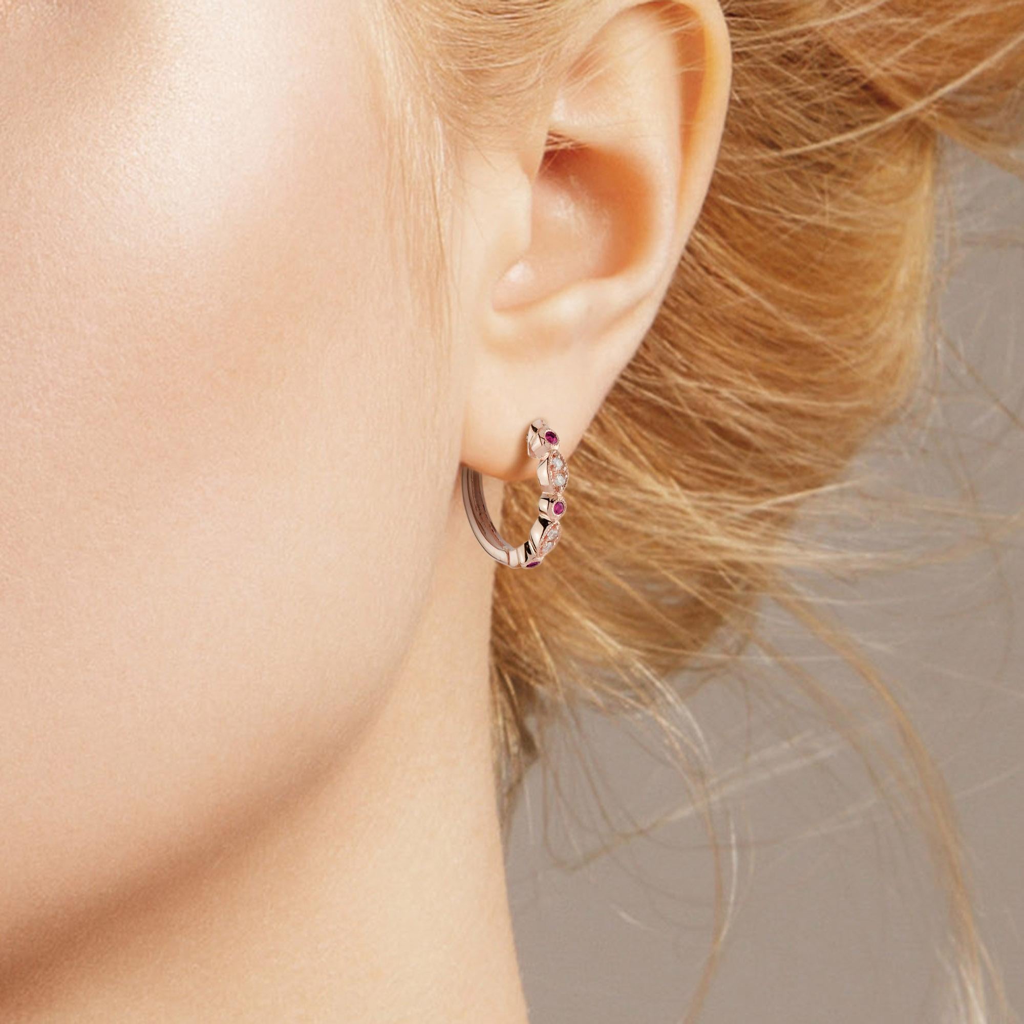 Women's Ruby and Diamond Art Deco Style Huggie Earrings in 14K Rose Gold For Sale