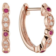 Ruby and Diamond Art Deco Style Huggie Earrings in 14K Rose Gold