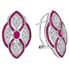 Boucle d'oreille à levier en or blanc 18 carats, rubis et diamants, style Art déco