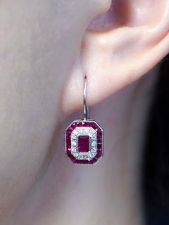 Ruby and Diamond Art Deco Style Lever Back Earrings in 14K White Gold