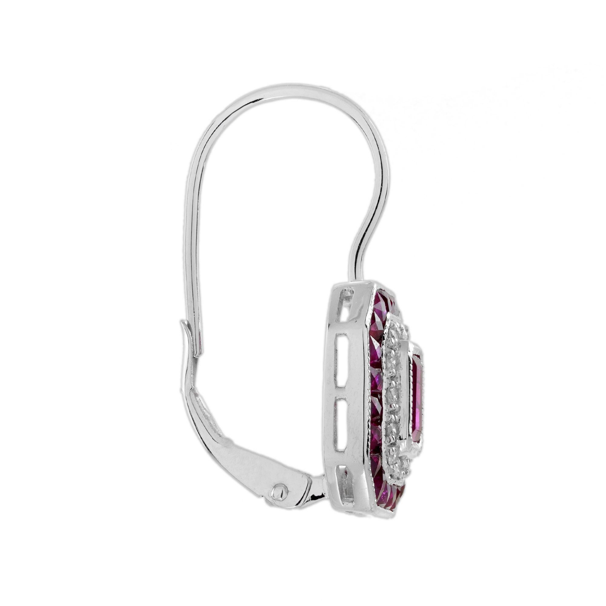 Orecchini a leva con rubino e diamanti in stile Art Déco in oro bianco 14K In condizioni Nuovo in vendita a Bangkok, TH