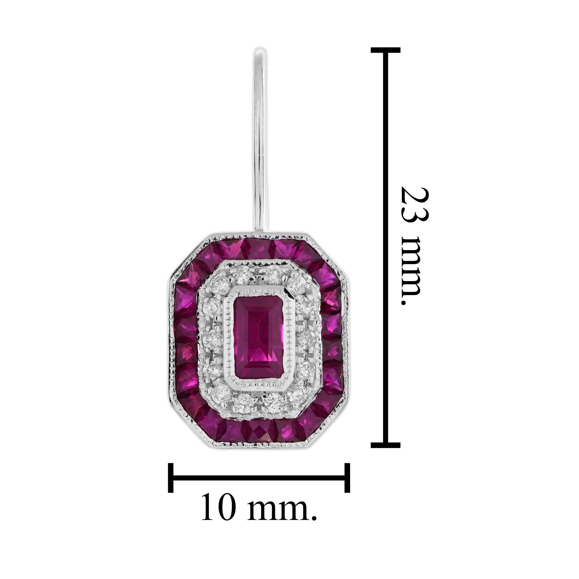 Orecchini a leva con rubino e diamanti in stile Art Déco in oro bianco 14K in vendita 1