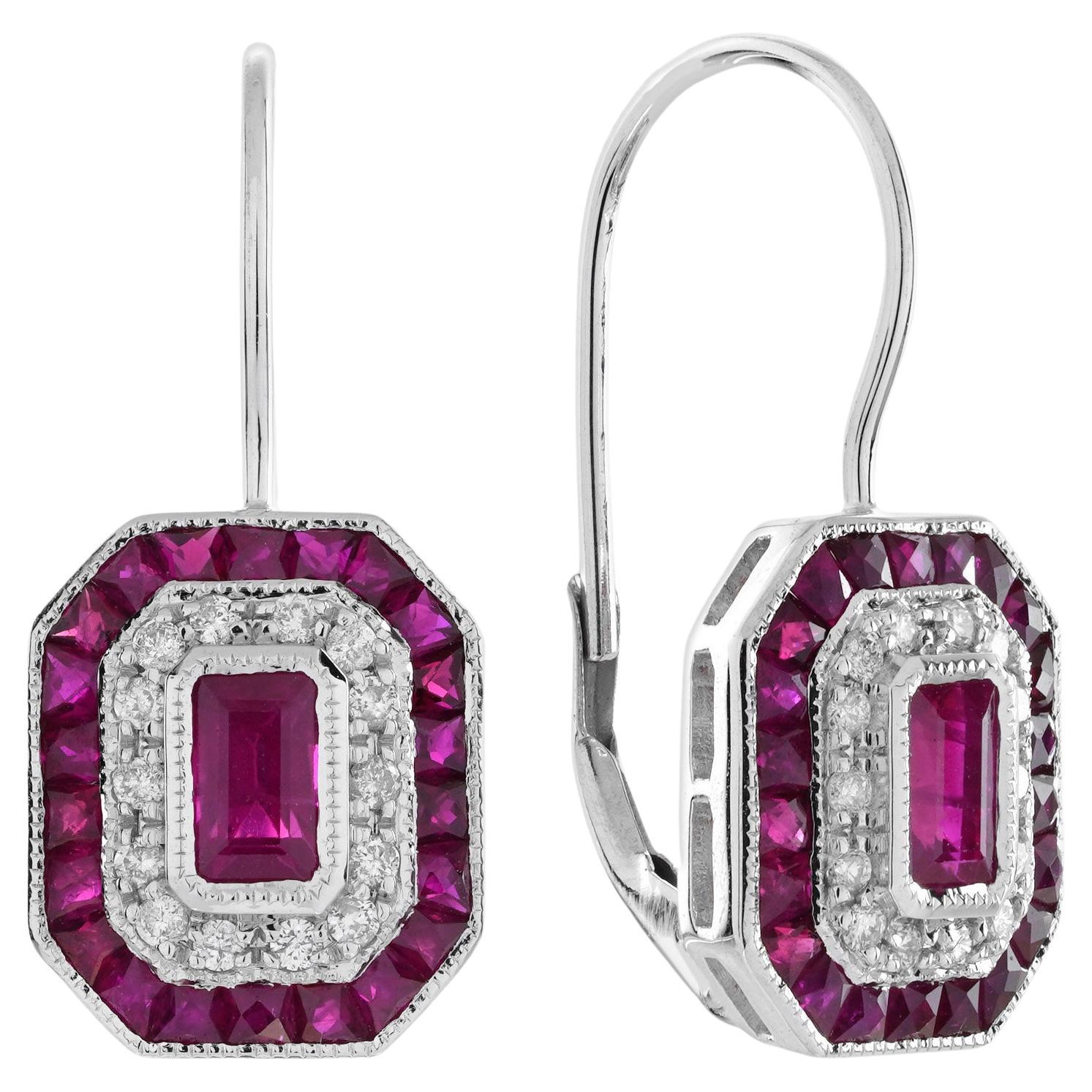 Boucles d
oreilles à levier en or blanc 14 carats, rubis et diamants, style Art déco