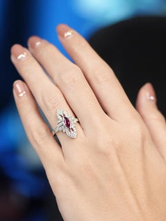 Ruby and Diamond Art Deco Style Marquise Shape Cocktail Ring in 14K White Gold
