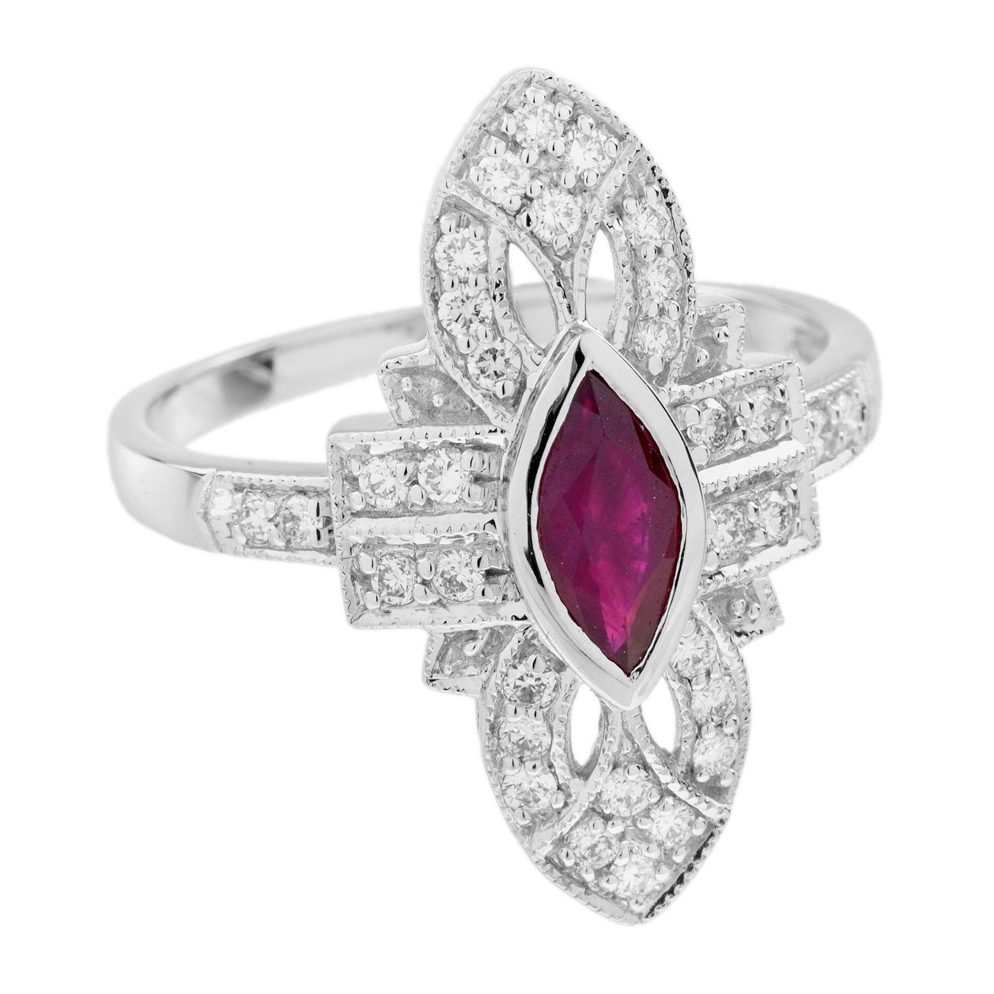 Anillo de cóctel en forma de marquesa de oro blanco de 14 quilates con rubíes y diamantes estilo Art Déco Art Decó en venta