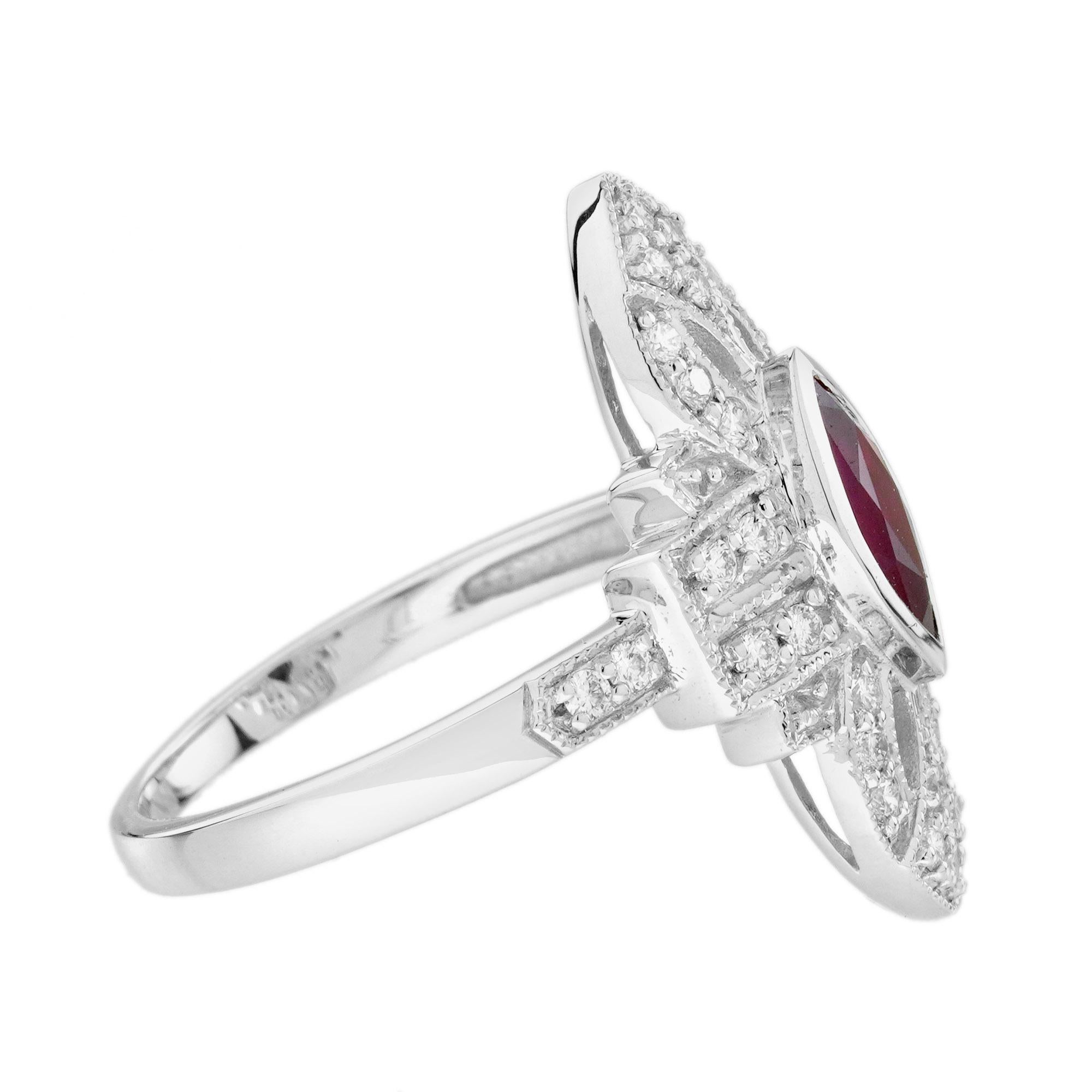 Anillo de cóctel en forma de marquesa de oro blanco de 14 quilates con rubíes y diamantes estilo Art Déco Corte marquesa en venta