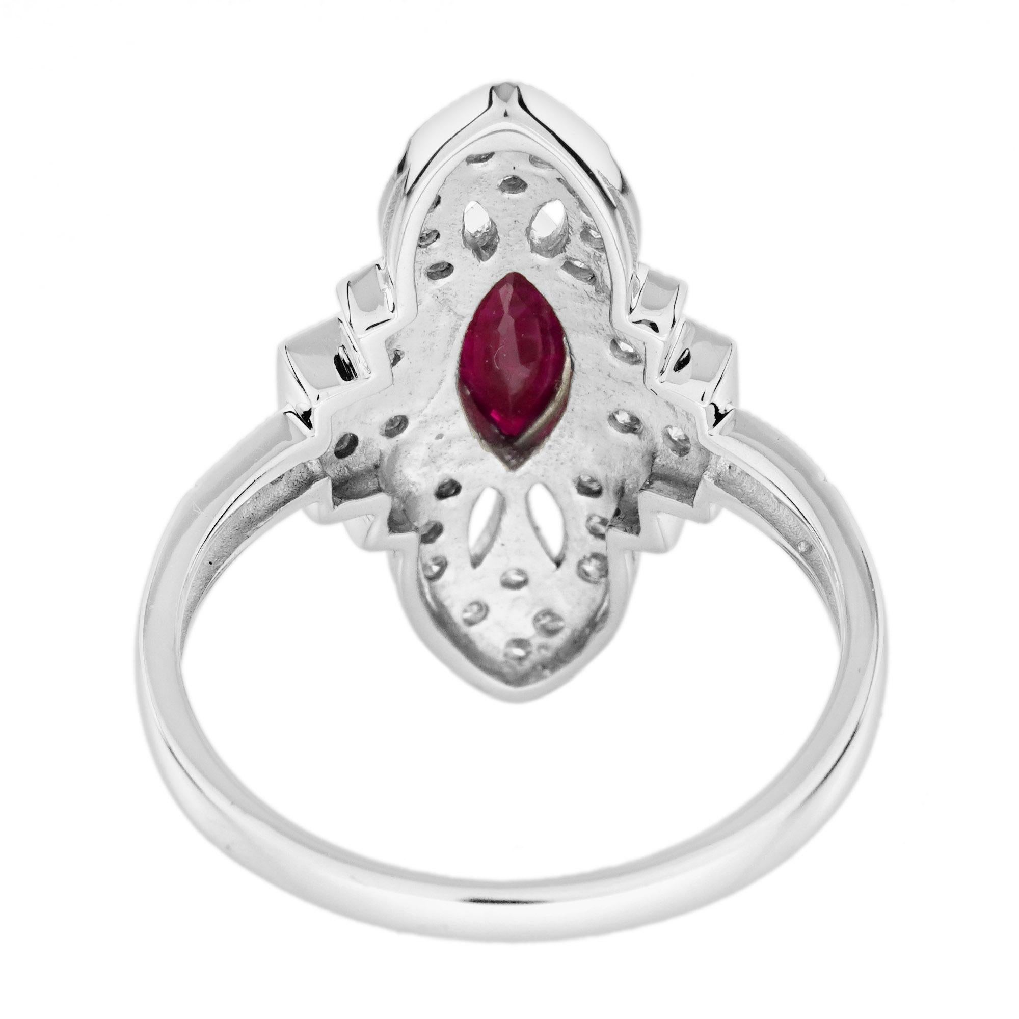 Anillo de cóctel en forma de marquesa de oro blanco de 14 quilates con rubíes y diamantes estilo Art Déco en Nuevo estado para la venta en Bangkok, TH