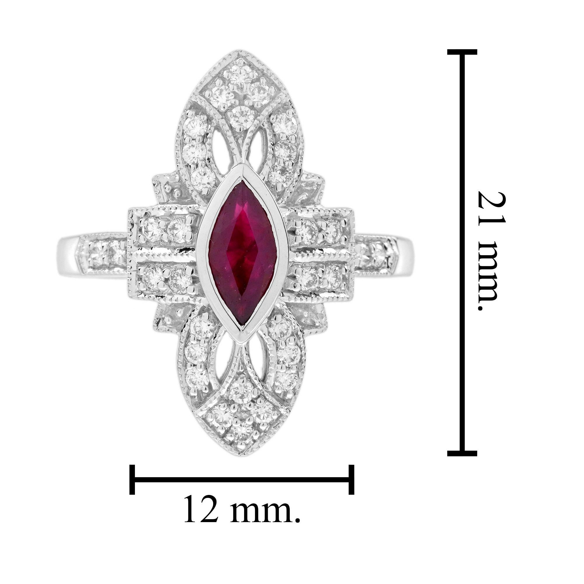 Anillo de cóctel en forma de marquesa de oro blanco de 14 quilates con rubíes y diamantes estilo Art Déco en venta 1