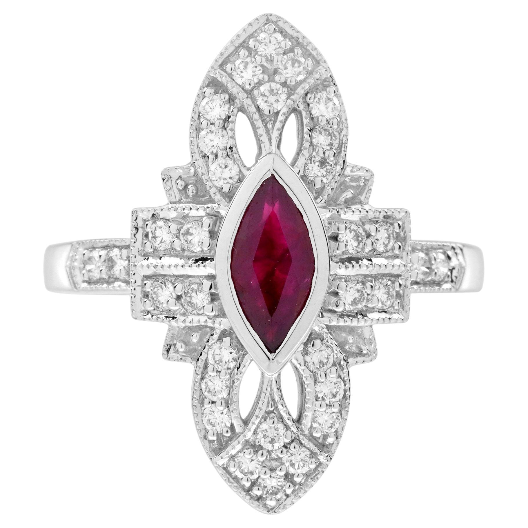 Anello da cocktail con rubino e diamanti in stile Art Déco a forma di marquise in oro bianco 14 carati