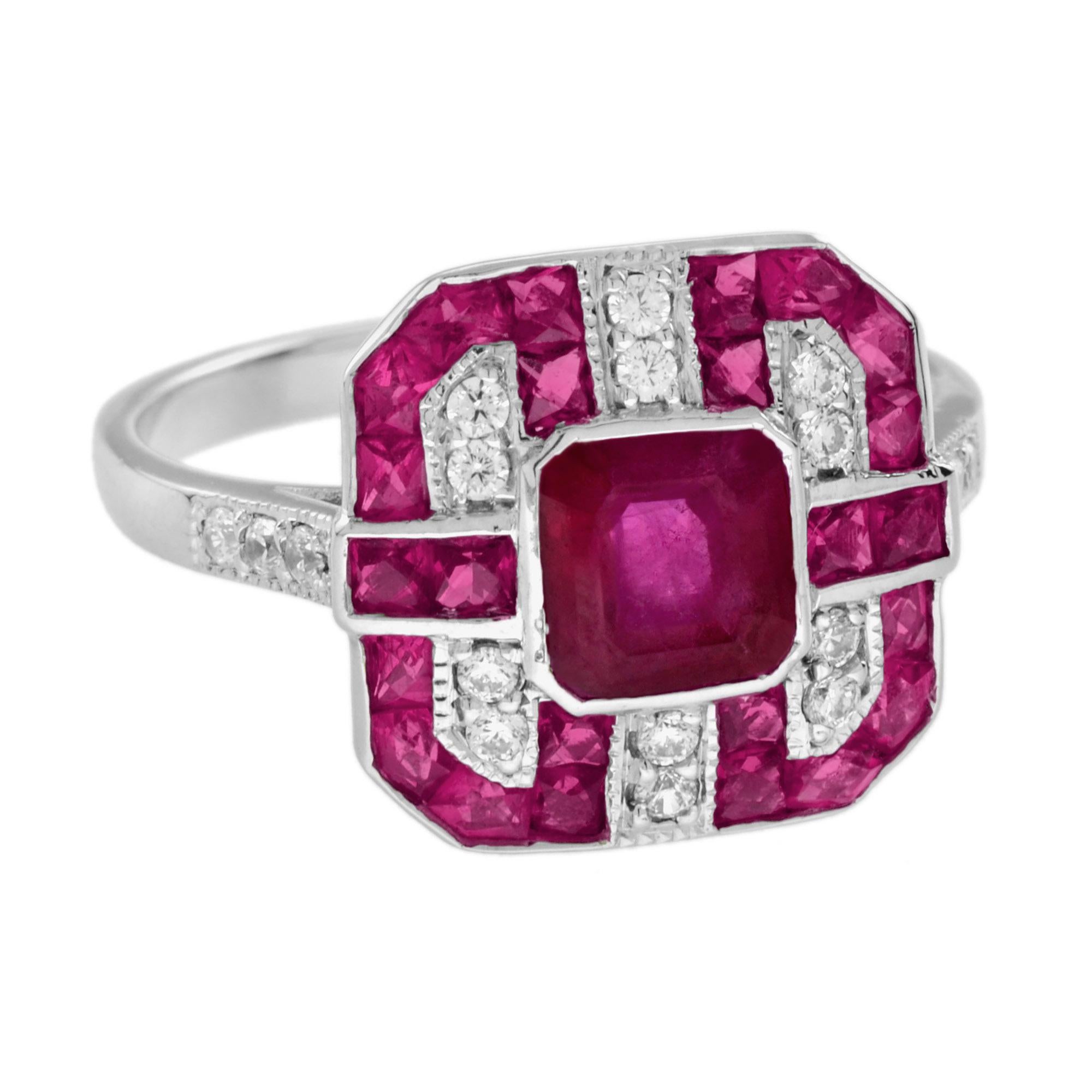 Octagon Cut Ruby and Diamond Art Deco Style Octagon  Engagement Ring in 18K White Gold For Sale