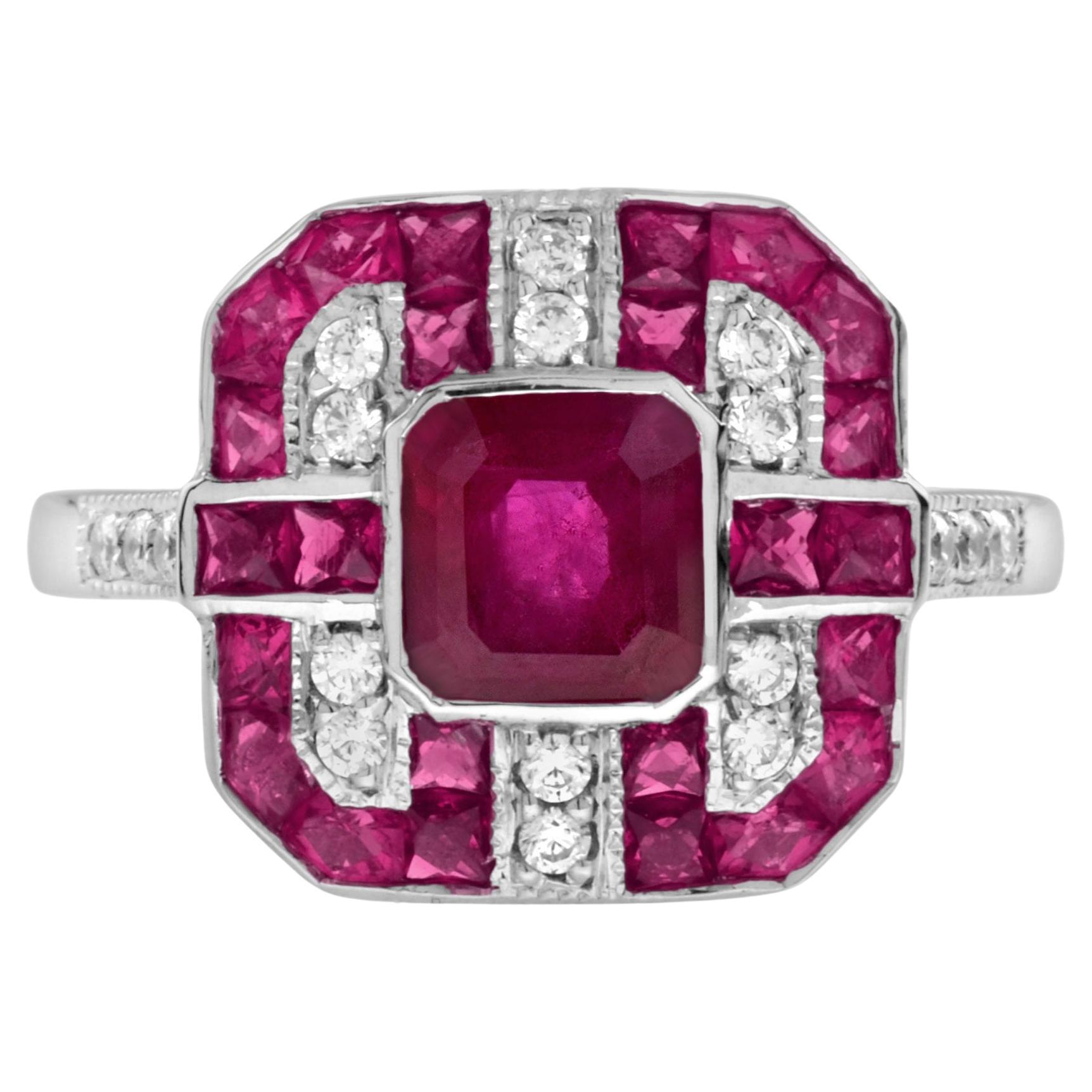 Ruby and Diamond Art Deco Style Octagon  Engagement Ring in 18K White Gold
