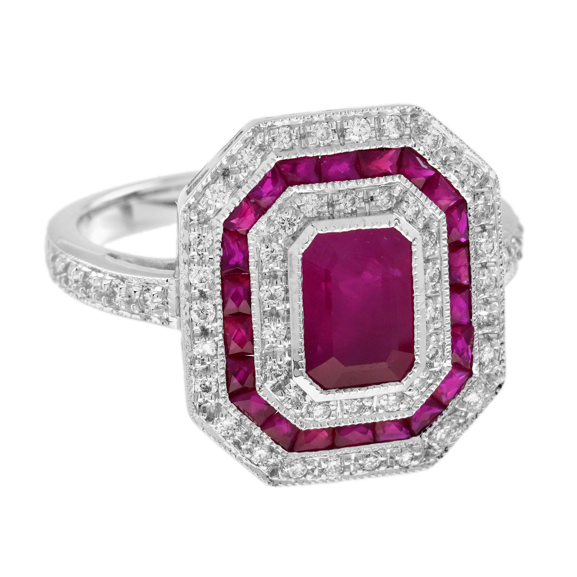 Taille émeraude Bague de fiançailles octogonale de style Art déco en or blanc 18 carats avec rubis et diamants en vente