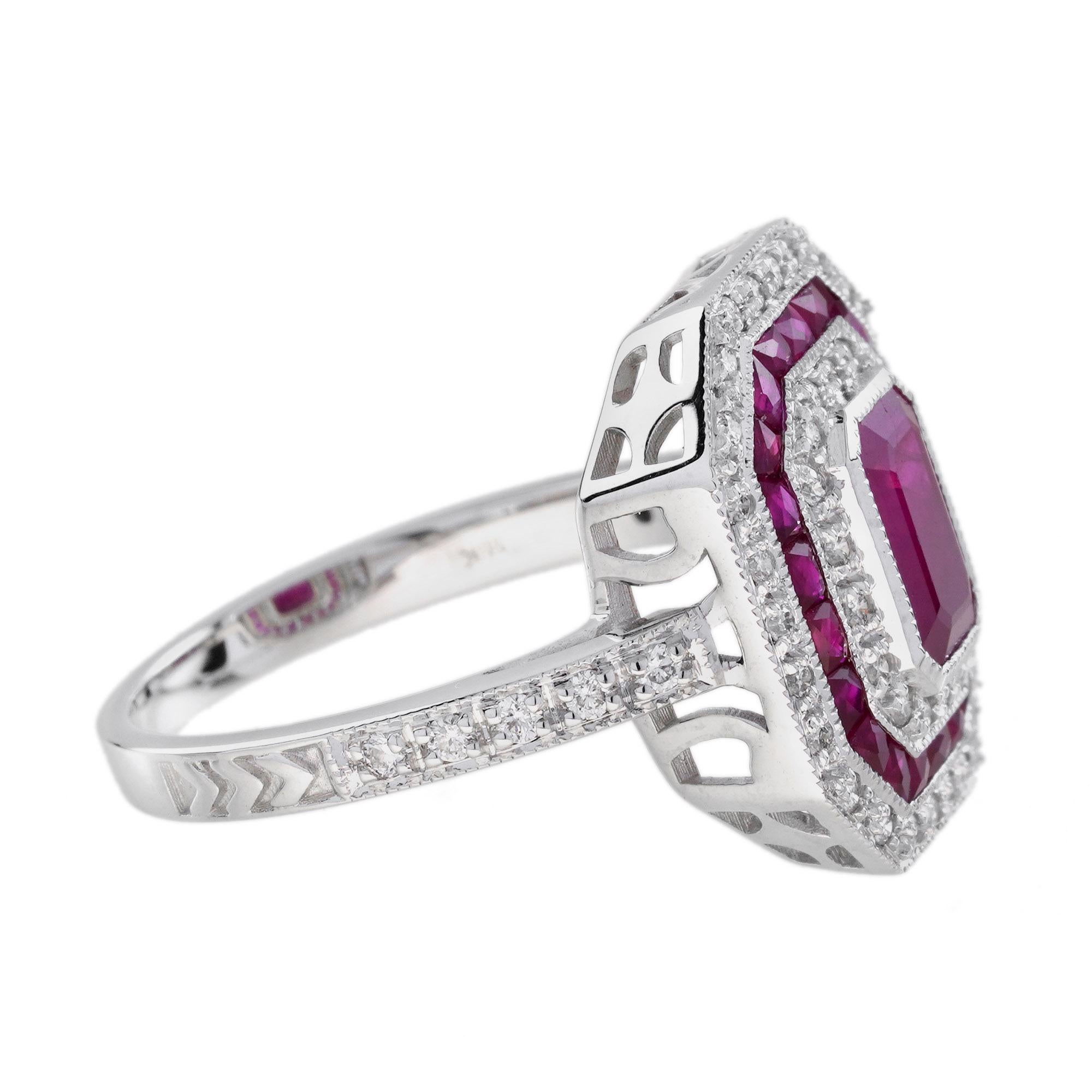 Bague de fiançailles octogonale de style Art déco en or blanc 18 carats avec rubis et diamants Neuf - En vente à Bangkok, TH