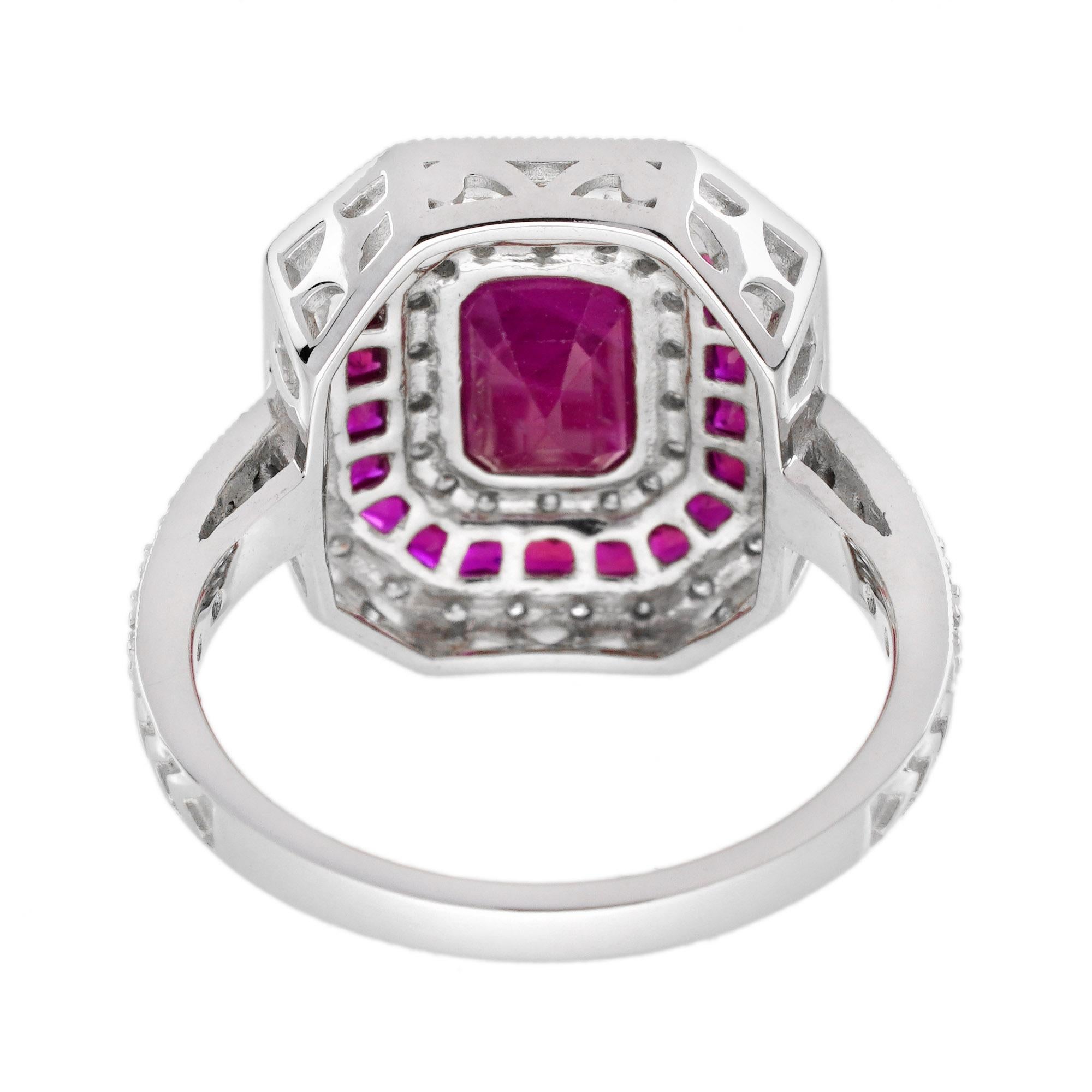 Bague de fiançailles octogonale de style Art déco en or blanc 18 carats avec rubis et diamants Pour femmes en vente