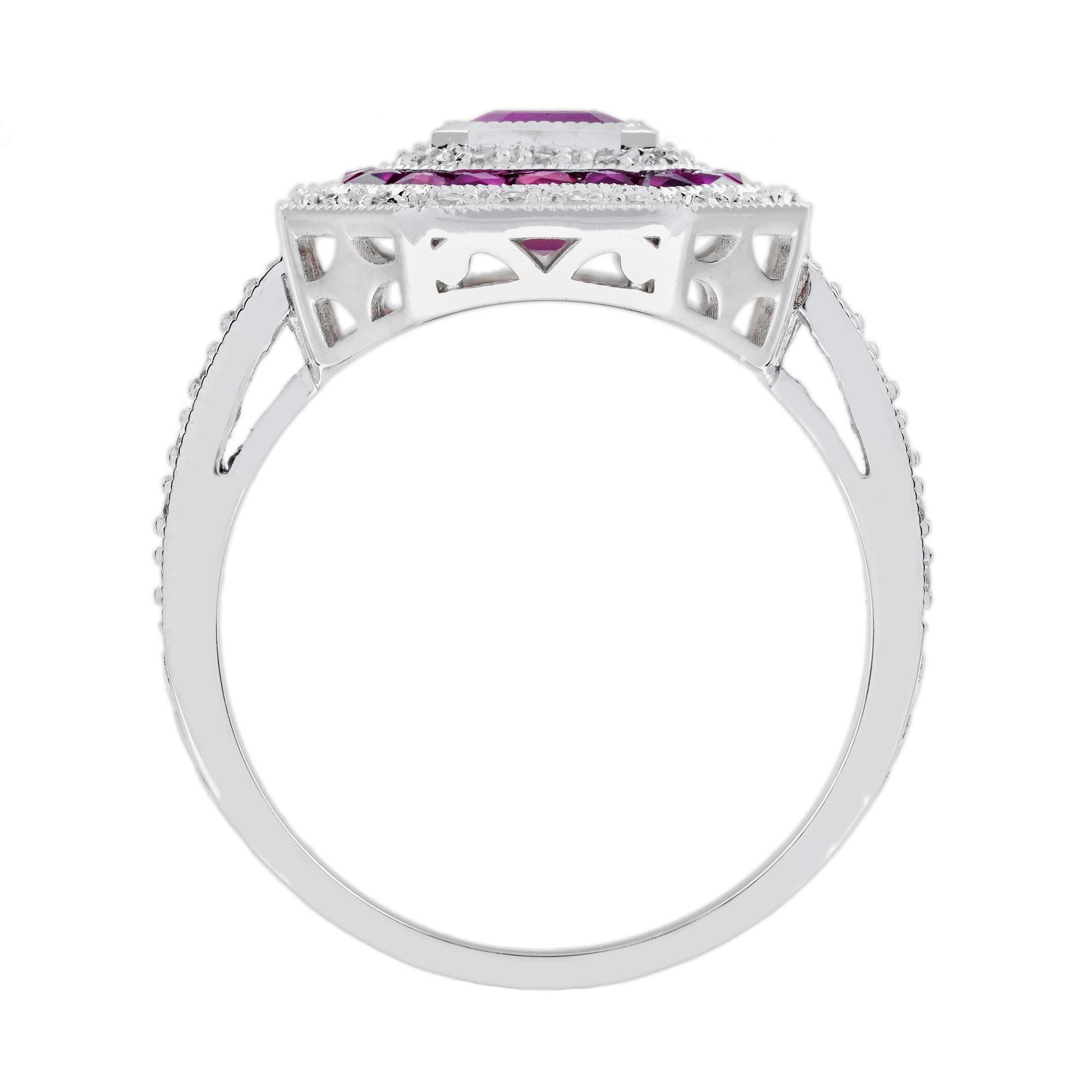 Bague de fiançailles octogonale de style Art déco en or blanc 18 carats avec rubis et diamants en vente 1