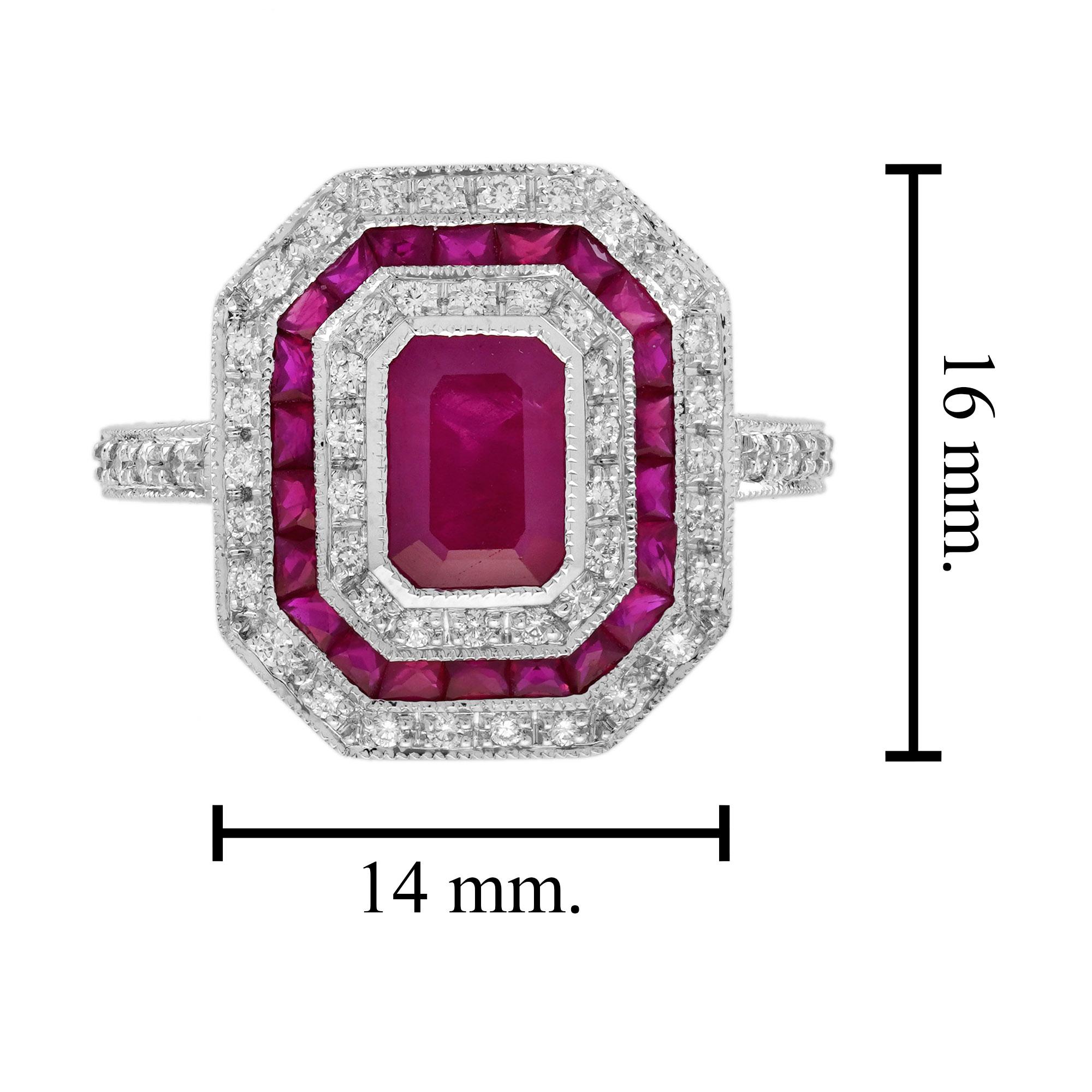 Bague de fiançailles octogonale de style Art déco en or blanc 18 carats avec rubis et diamants en vente 2
