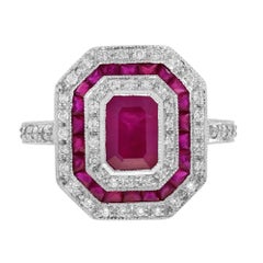 Bague de fiançailles octogonale de style Art déco en or blanc 18 carats avec rubis et diamants